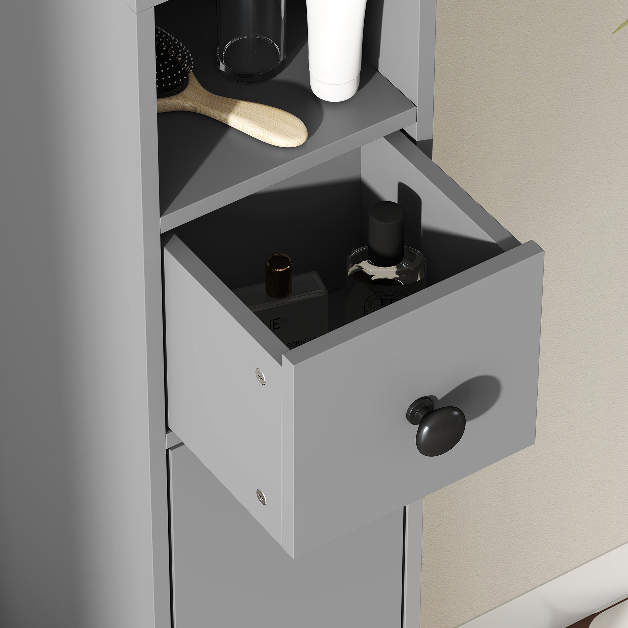 Badezimmerschrank, 4 Regale, Schublade, Spanplatte, schlankes Design, Grau