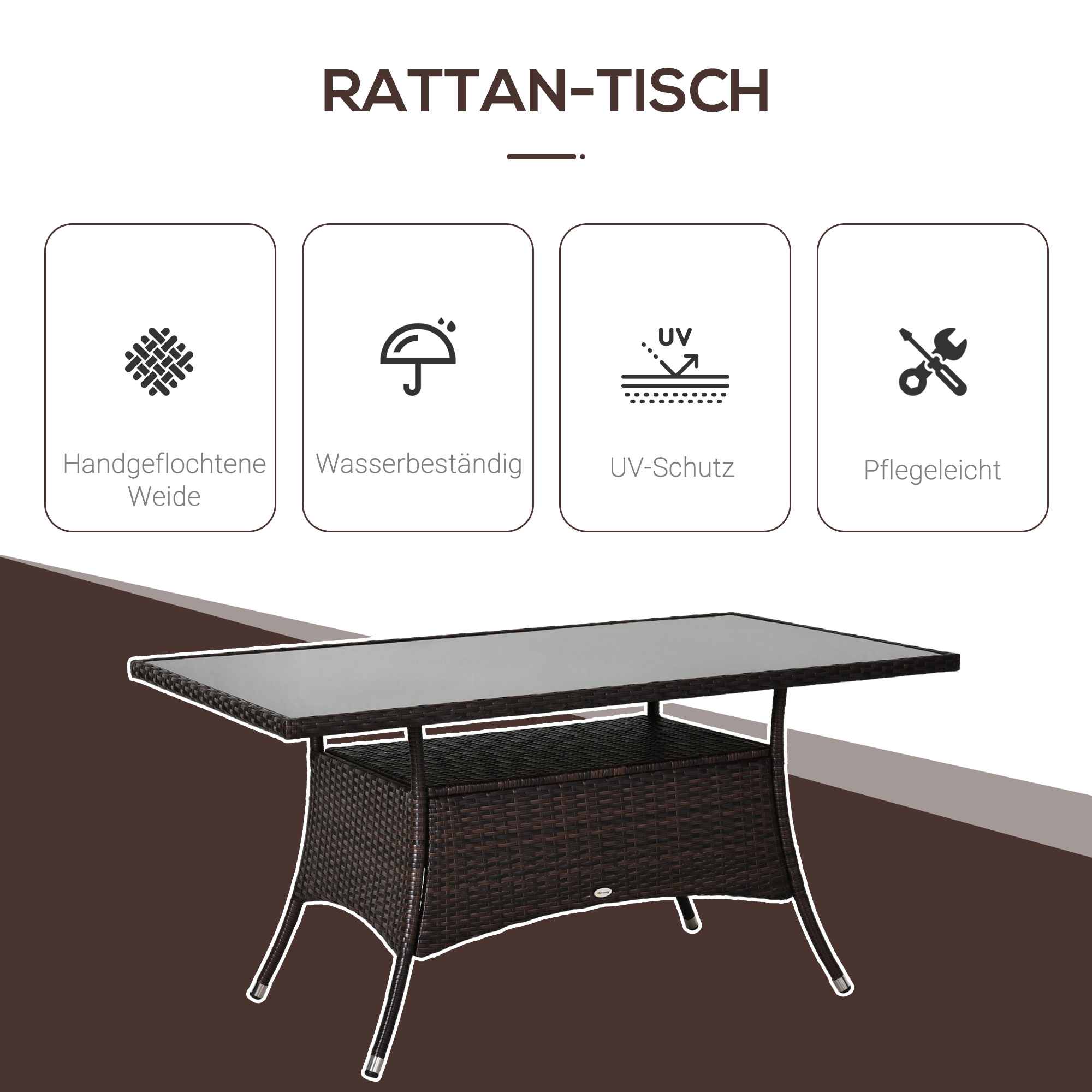 Gartentisch Glastisch Esstisch Gartenmöbel Tisch, Polyrattan+Sicherheitsglas, braun+schwarz, 150x85x74cm