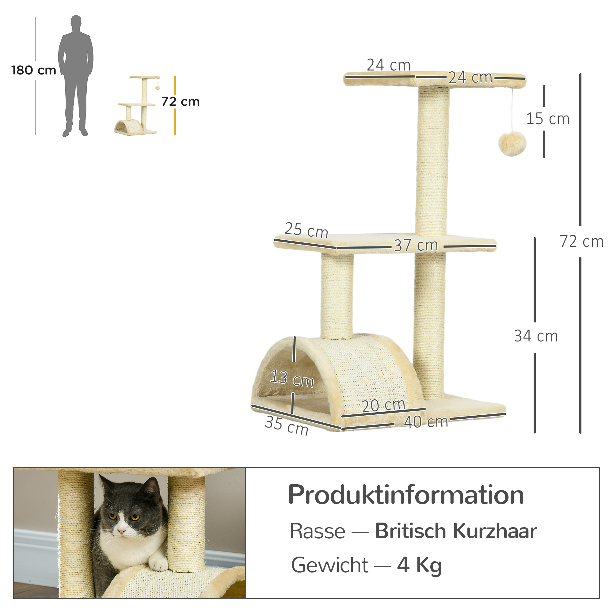 Kratzbaum 72 cm Katzenturm mit Plüschballen, Sisalstämme, Plattform, Kratzbrett Cremeweiß