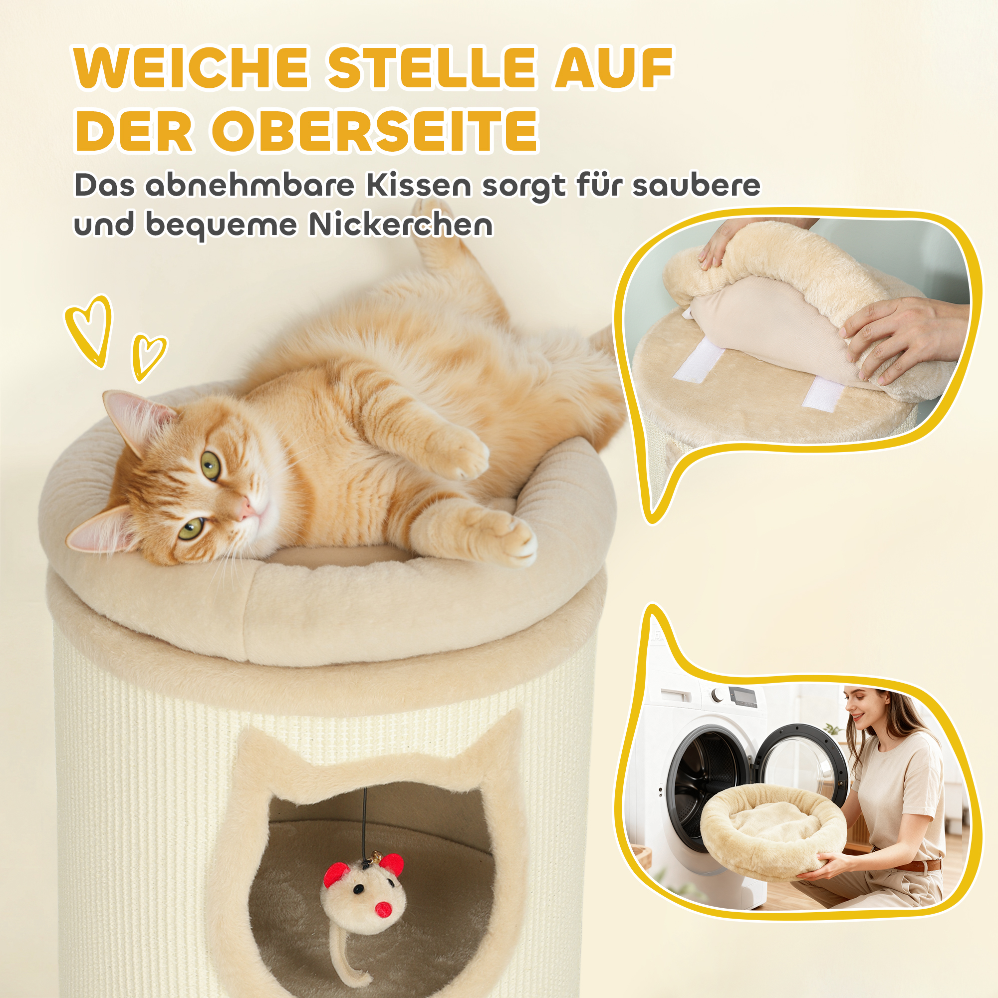 Katzenkratzfass, 96 cm, 4-Ebenen-Katzenturm mit waschbarem Bett, 3 Schlafhöhlen, Hängespielzeug, für mehrere Katzen Grau