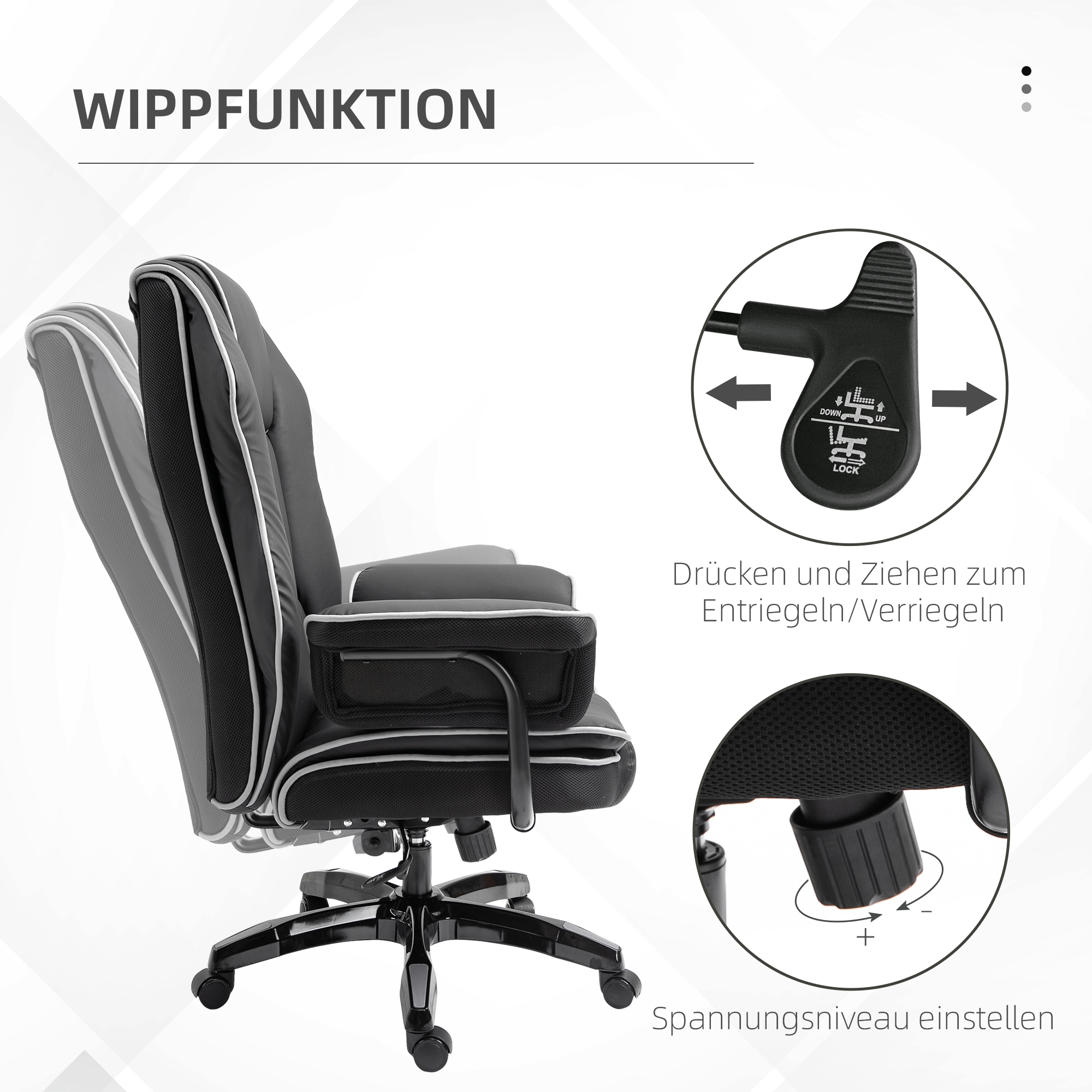 Bürostuhl, Ergonomisch Schreibtischstuhl mit Liegefunktion, Drehfunktion, Höhenverstellbar Computerstuhl für Home-Office, Kunstleder, Schwarz