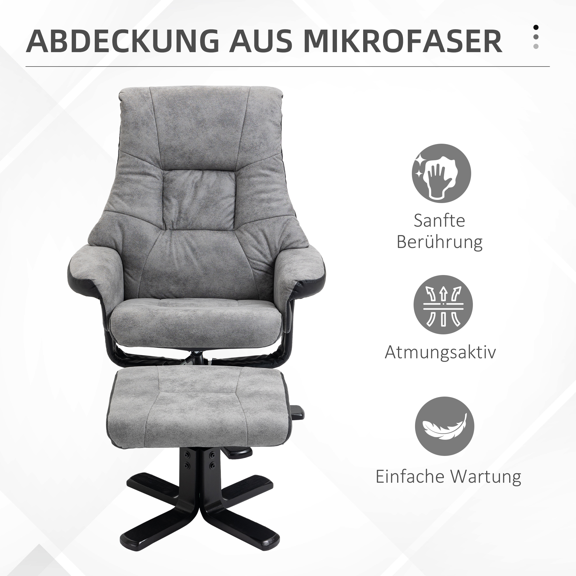 Relaxsessel mit Hocker, 360° drehbar, 135° neigbar, atmungsaktiver Bezug, 78 x 82,5 x 109 cm, grau