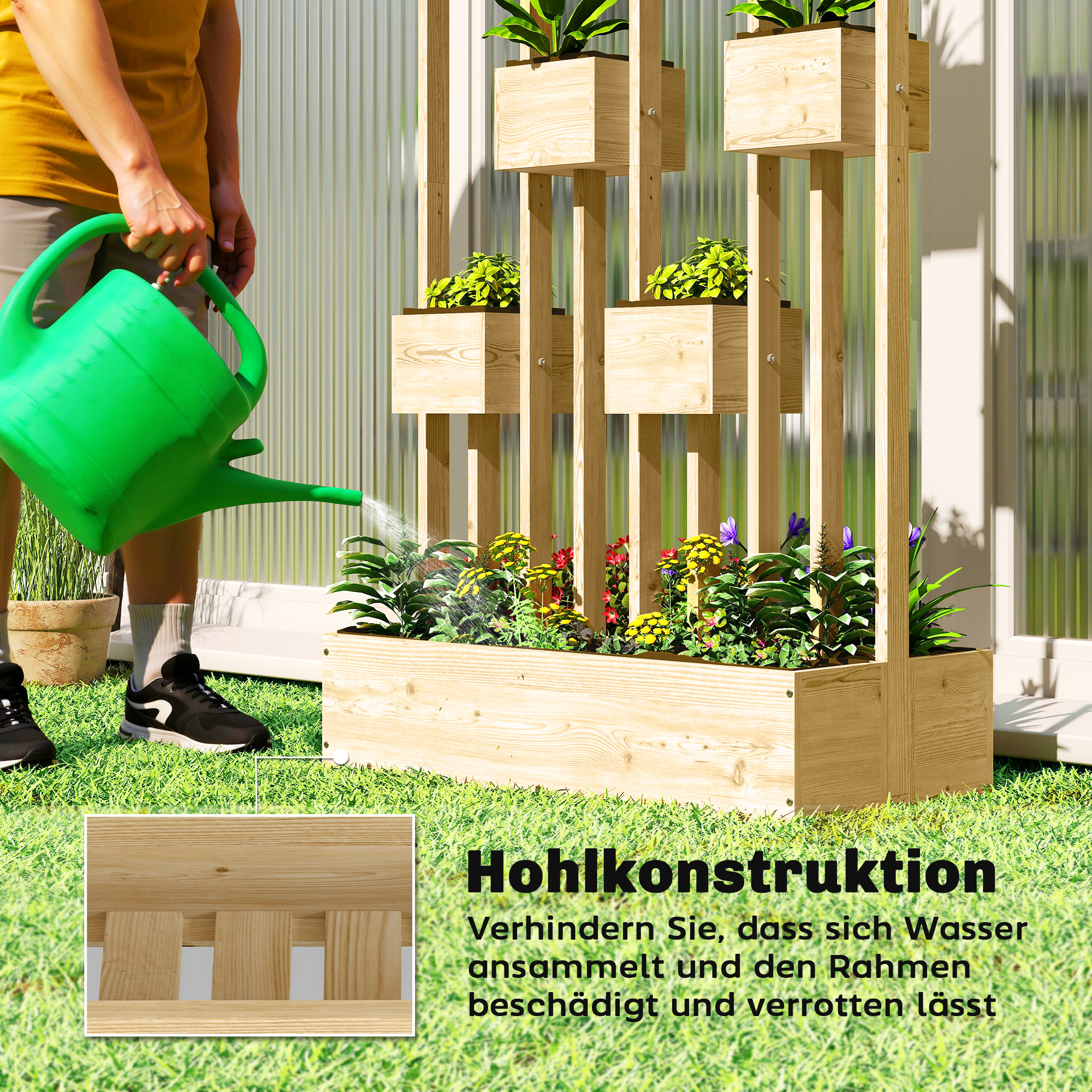 Hochbeet mit Rankgitter Körbe, Holz Pflanzkasten Pflanzkübel Blumenkasten, 90 x 45 x 170 cm