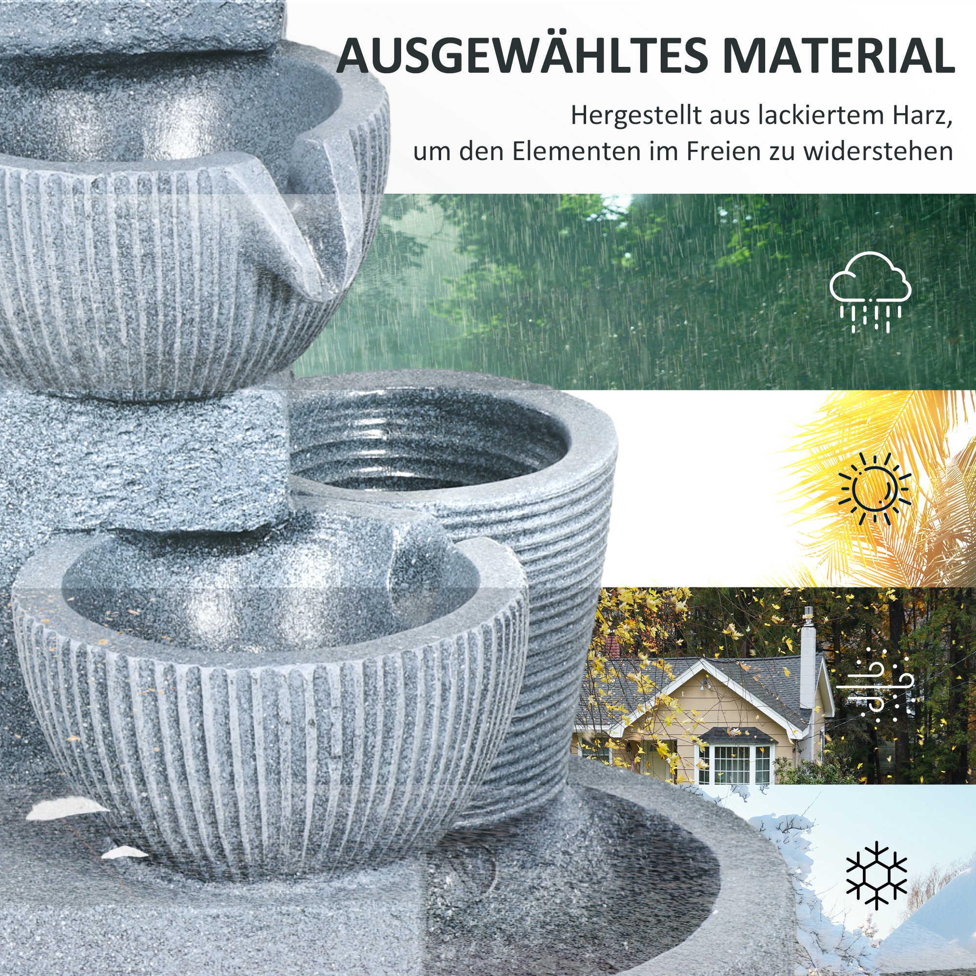 Gartenbrunnen, Naturoptik, 4-stufig, Solarbetrieb, LEDs, 57cm Höhe, Dunkelgrau