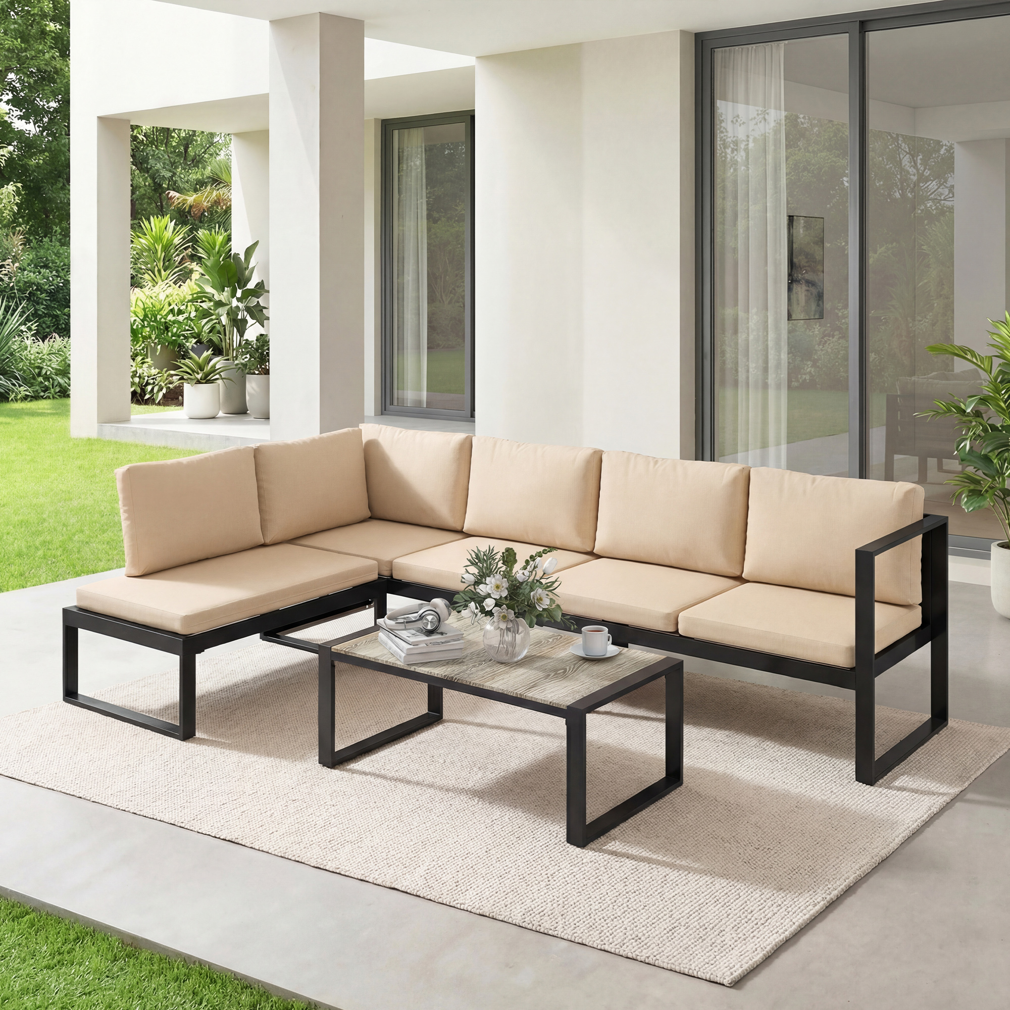 4-teiliges Gartenmöbel-Set, Sofa-Set mit 2 Zweisitzern, armloser Stuhl, Couchtisch, für Balkon, Khaki