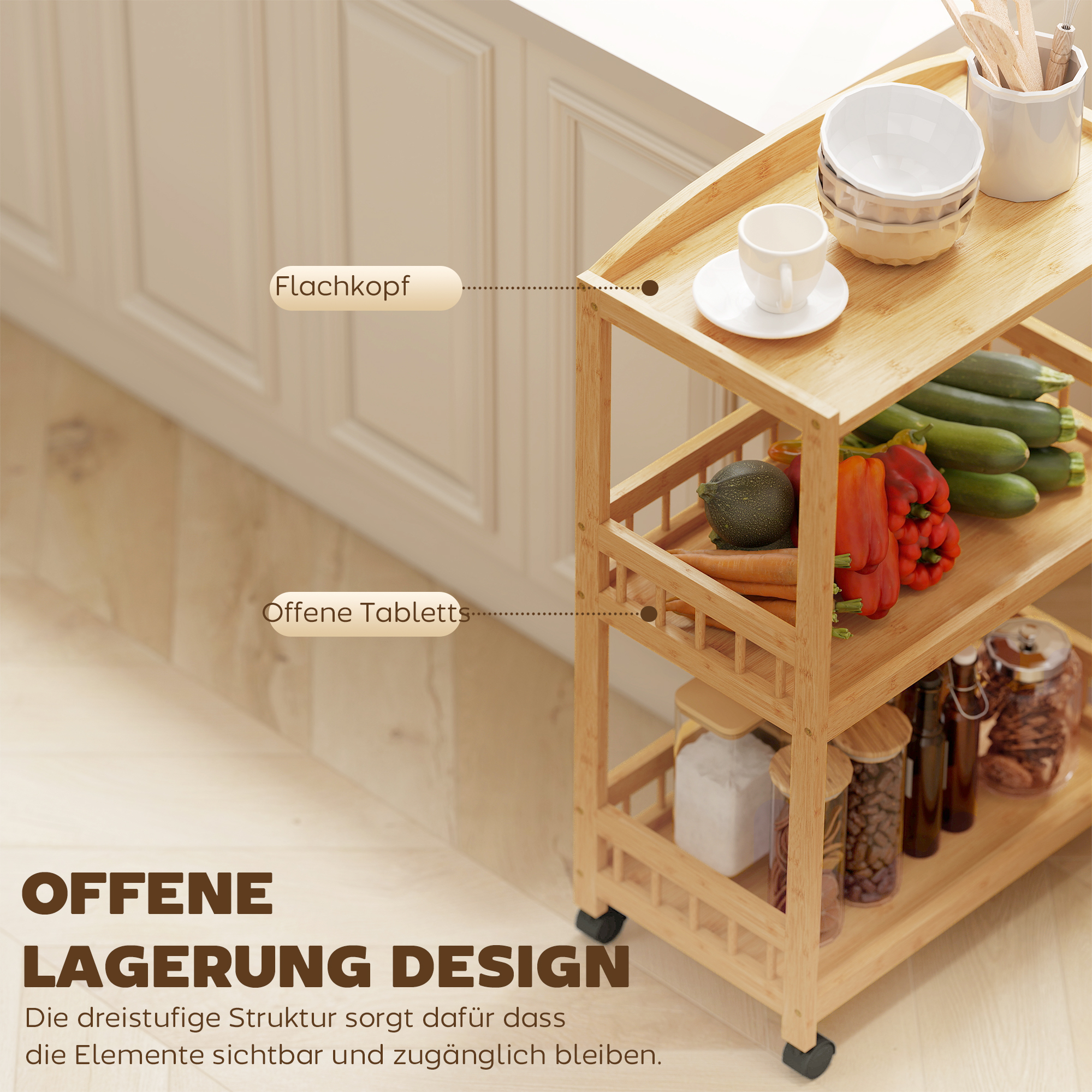 Küchenwagen Rollwagen mit 3 Ebenen, Servierwagen mit Stauraum Küchenregal auf Rollen, für Küche Bad Büro Naturholz