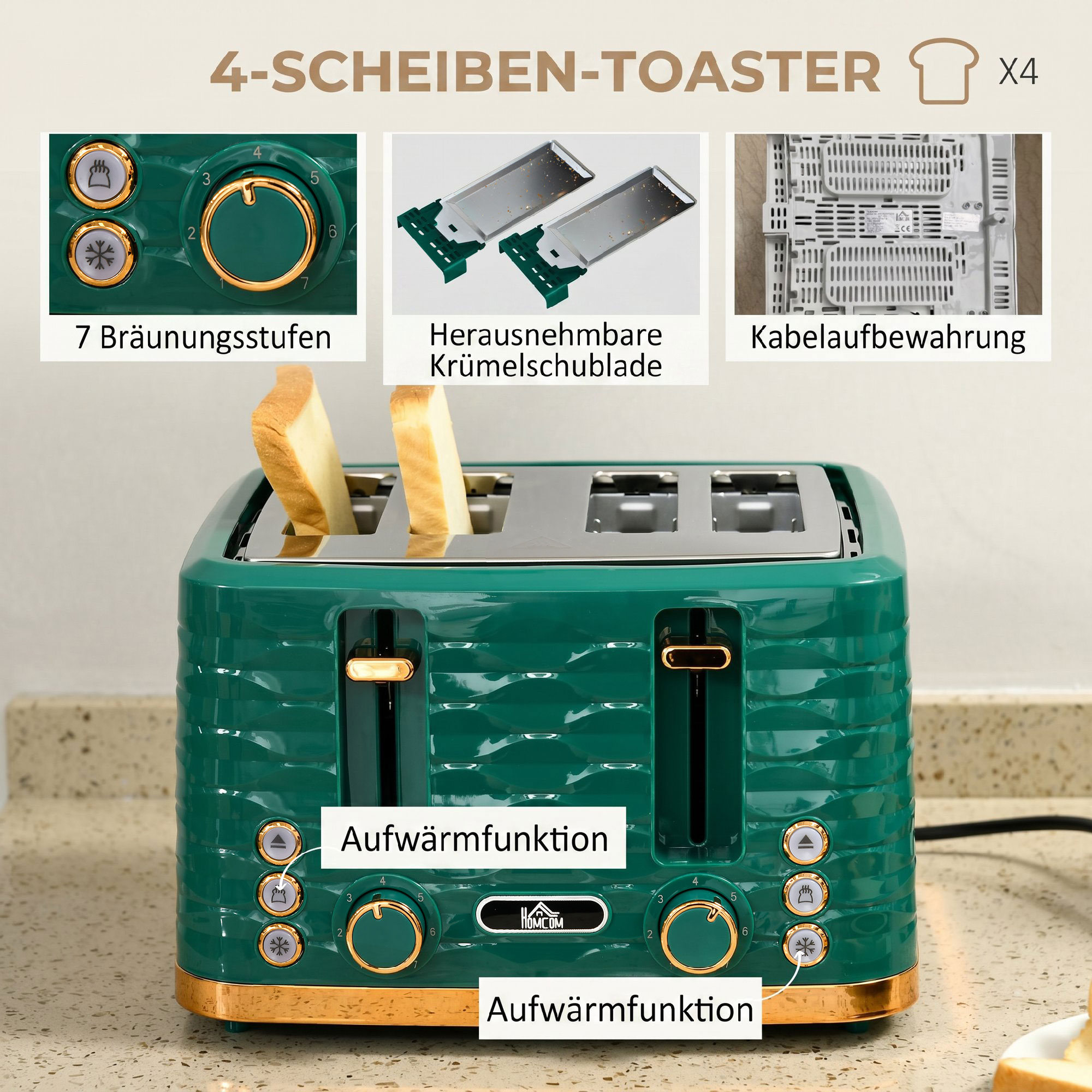 2-in-1 Toaster und Wasserkocher Set, 7 Bräunungsstufen, Auftau- und Aufwärmfunktion, Grün