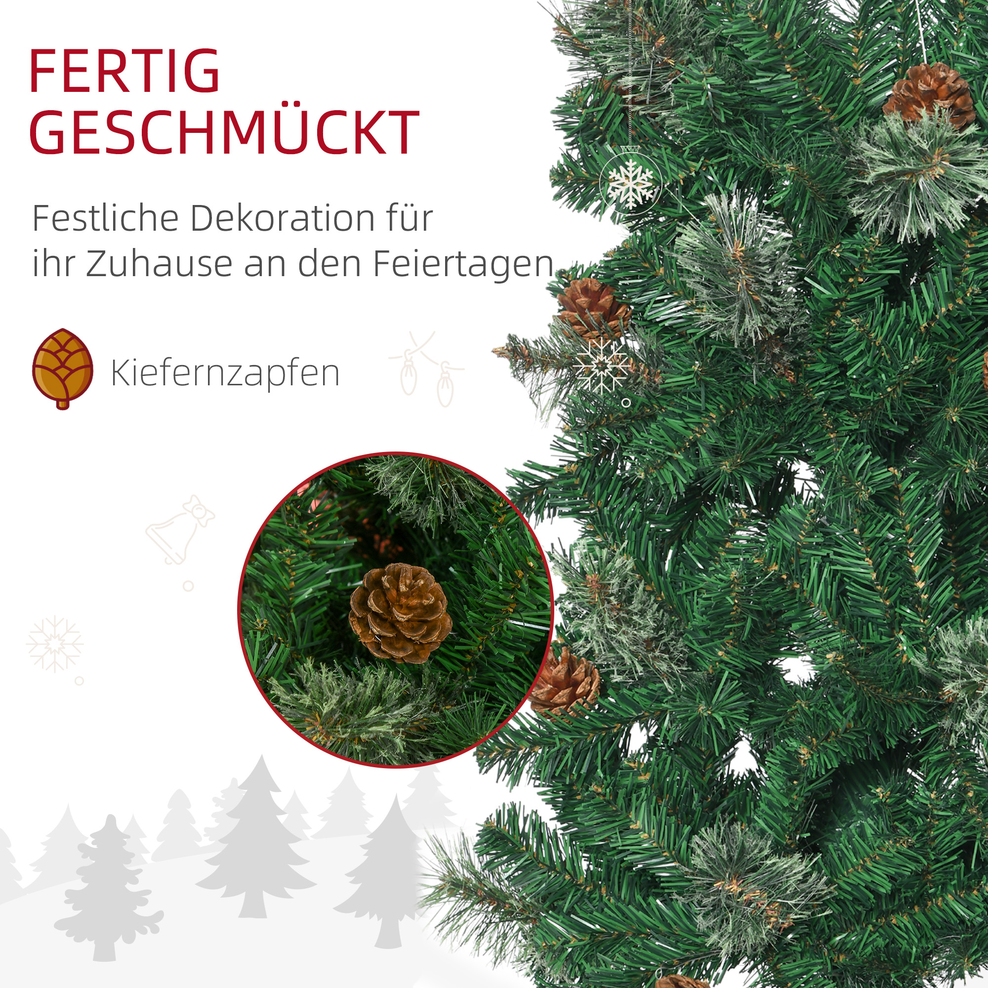 Künstlicher Weihnachtsbaum, schlank, Tannenzapfen, flammenhemmend, 54 x 195 cm, Grün