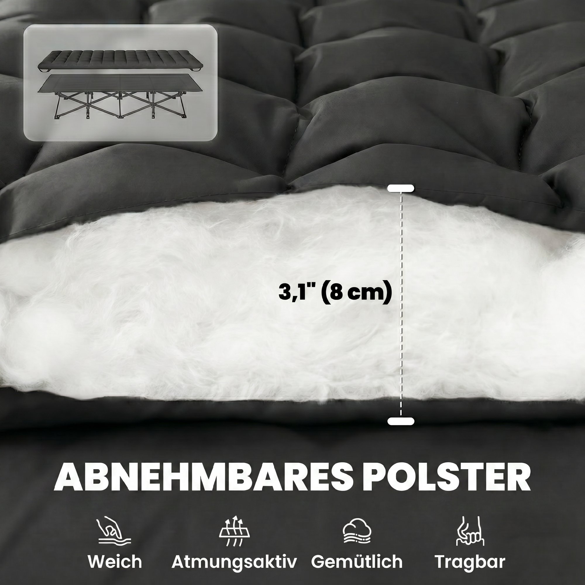 Feldbett faltbar Campingbett mit Tragetasche Campingliege bis 200 kg Indoor, Outdoor, 200 x 80 x 40 cm Schwarz