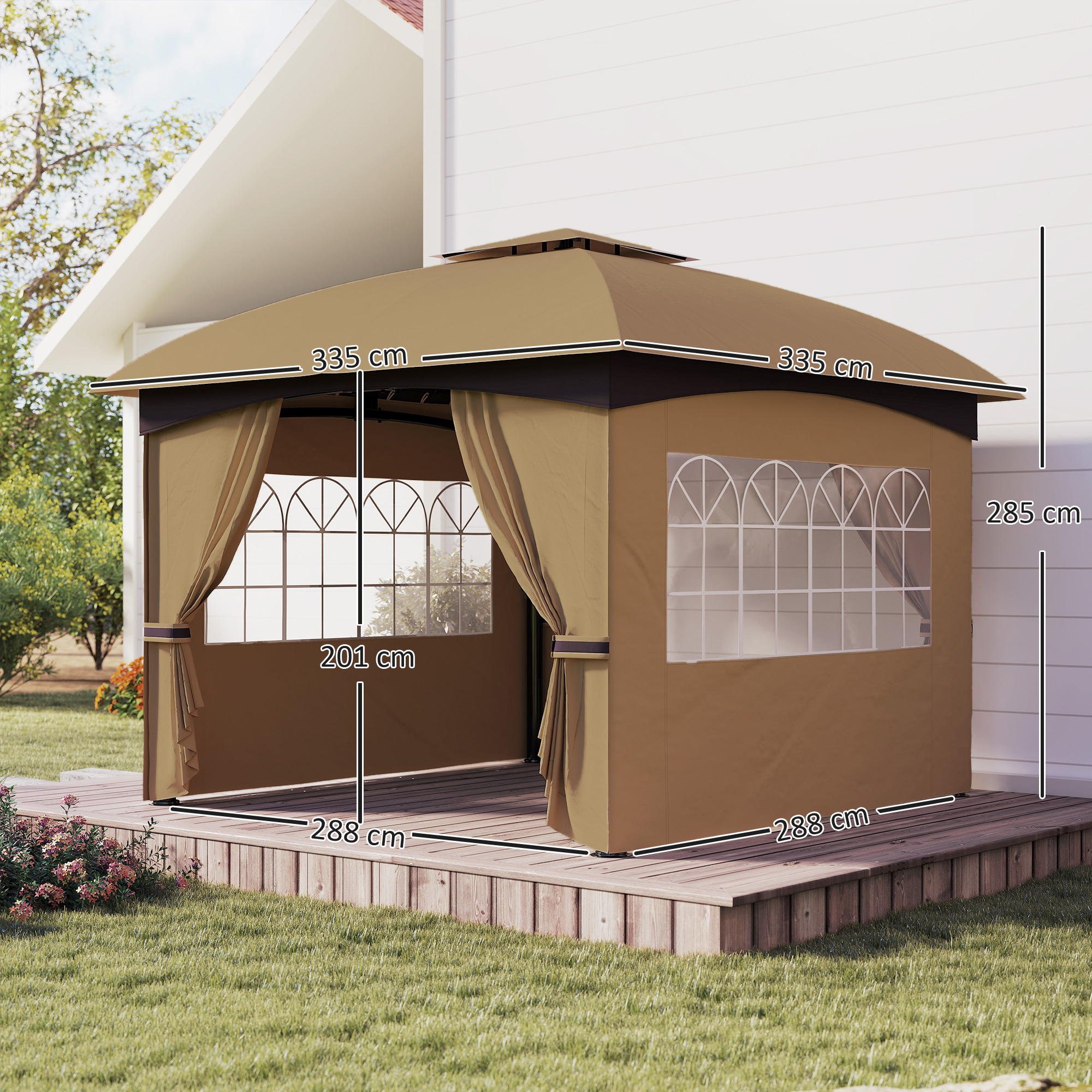 3,4 x 3,4 m Gartenpavillon, Bierzelt mit Lüftungsdach, Bogenfenstern, Stahlgestell, Beige