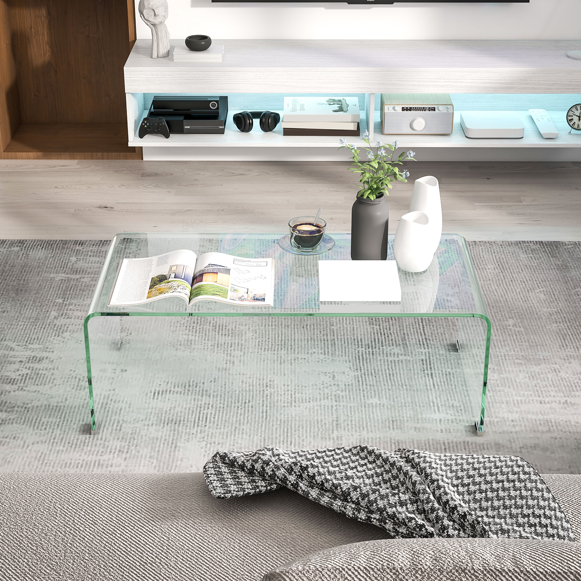 Stabiler Couchtisch aus Glas, einteiliges Design, schlicht und modern, 100 x 50 x 35 cm, Transparent