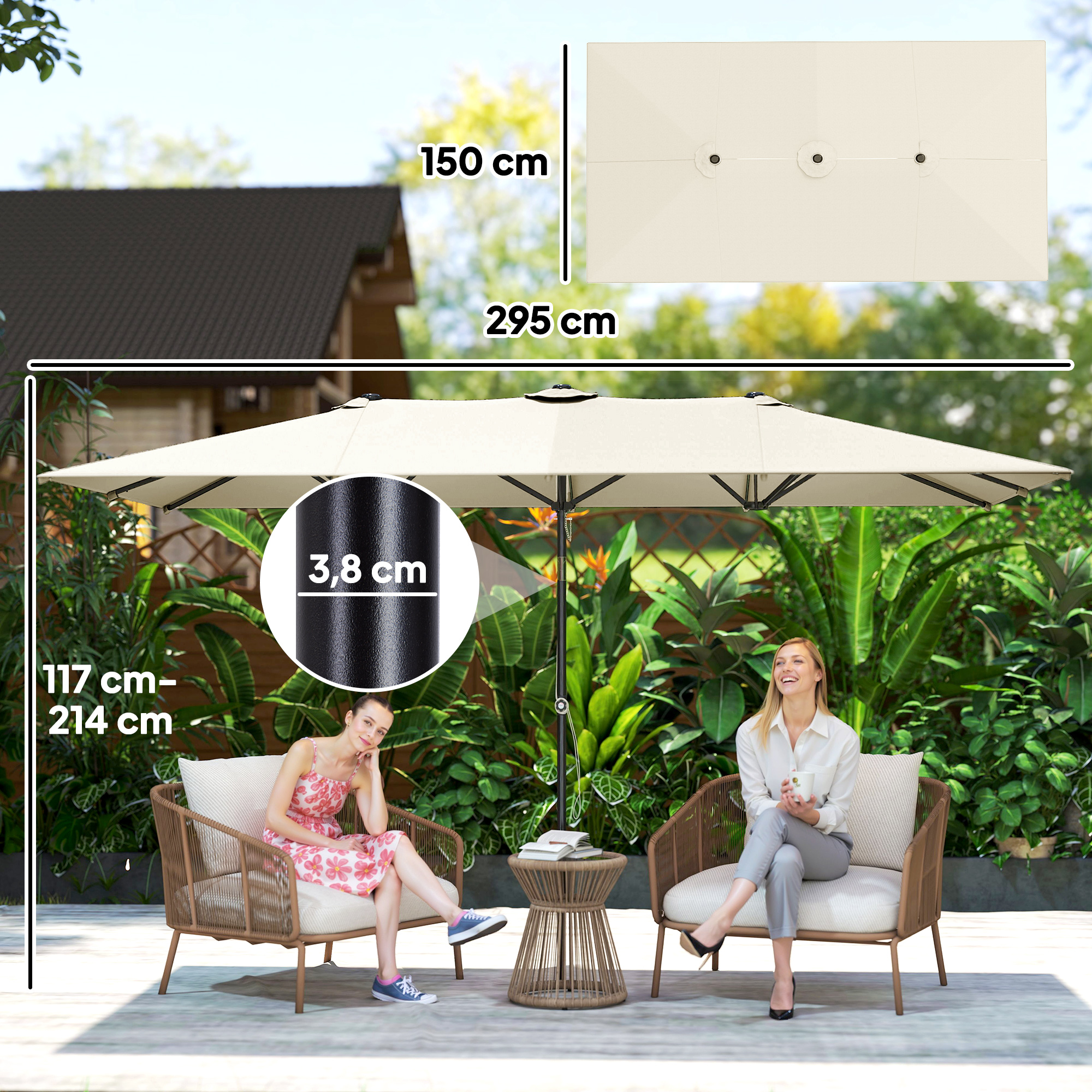 großer Sonnensschirm, höhenverstellbar, neigbar, 150x295x170-214 cm, Creme