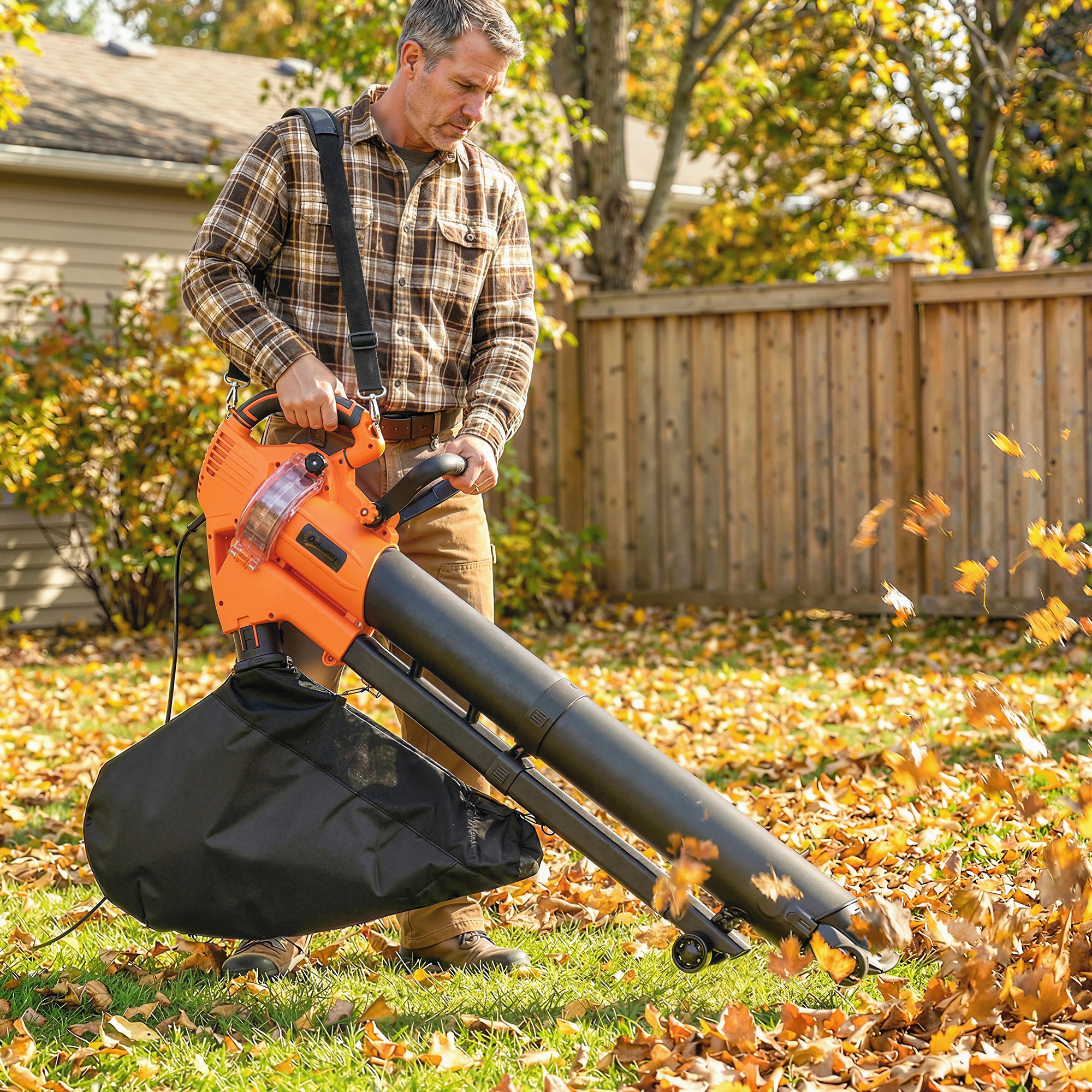 3000W 3-in-1 Elektrischer Laubbläser und Staubsauger mit 40L Auffangbeutel, 4 Rädern, verstellbarem Gurt, Orange