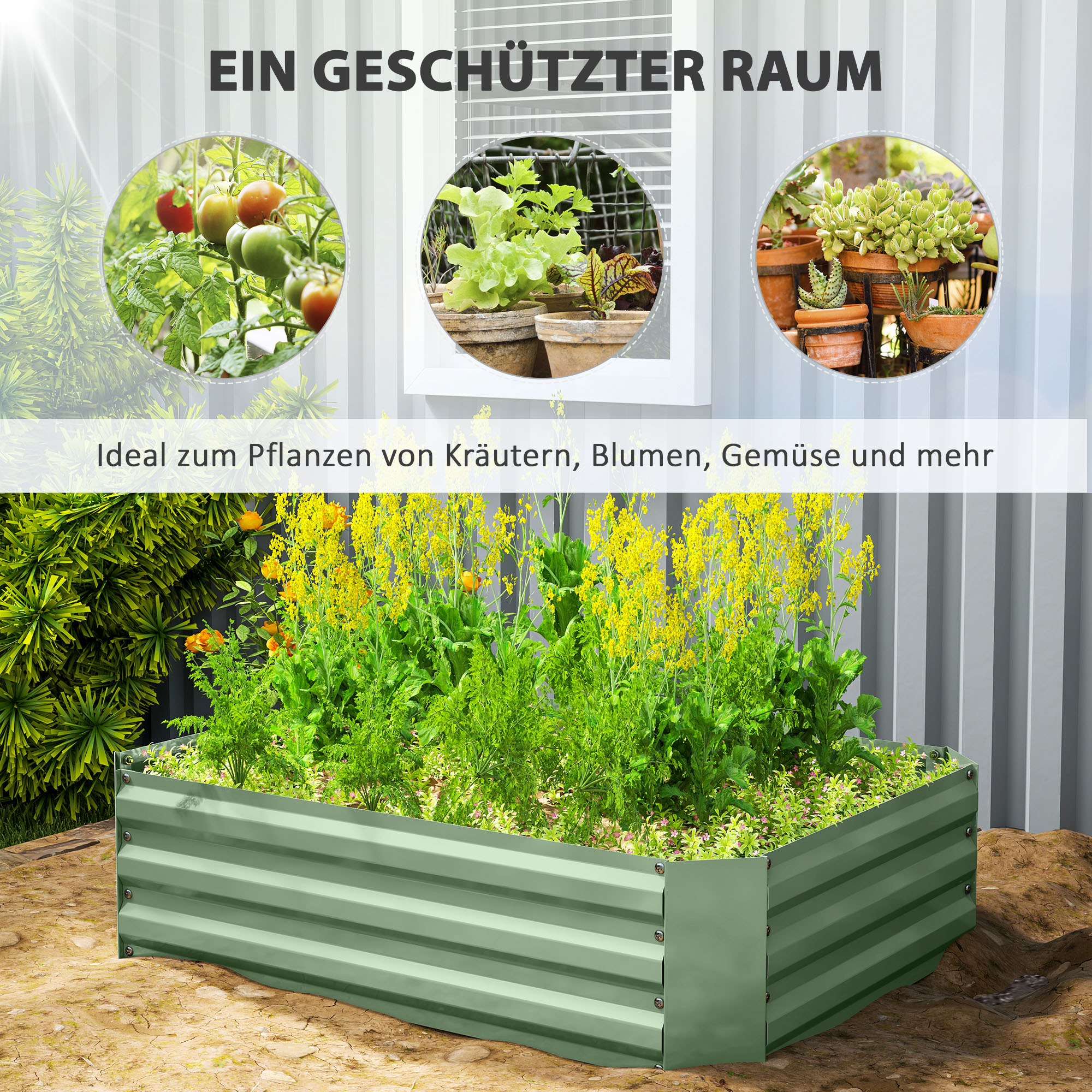 Hochbeet aus verzinktem Stahl, Gartenbeet, Pflanzkasten für Garten, Blumenkasten, 120 x 90 x 30 cm, Dunkelgrün