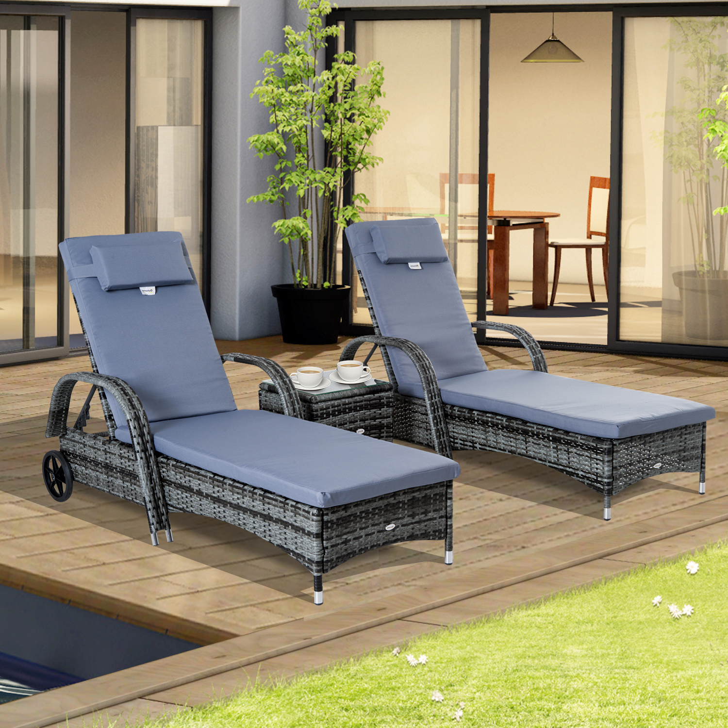 Sonnenliege Gartenliege Tisch 3er-Set Gartenmöbel, Polyrattan+Metall Grau