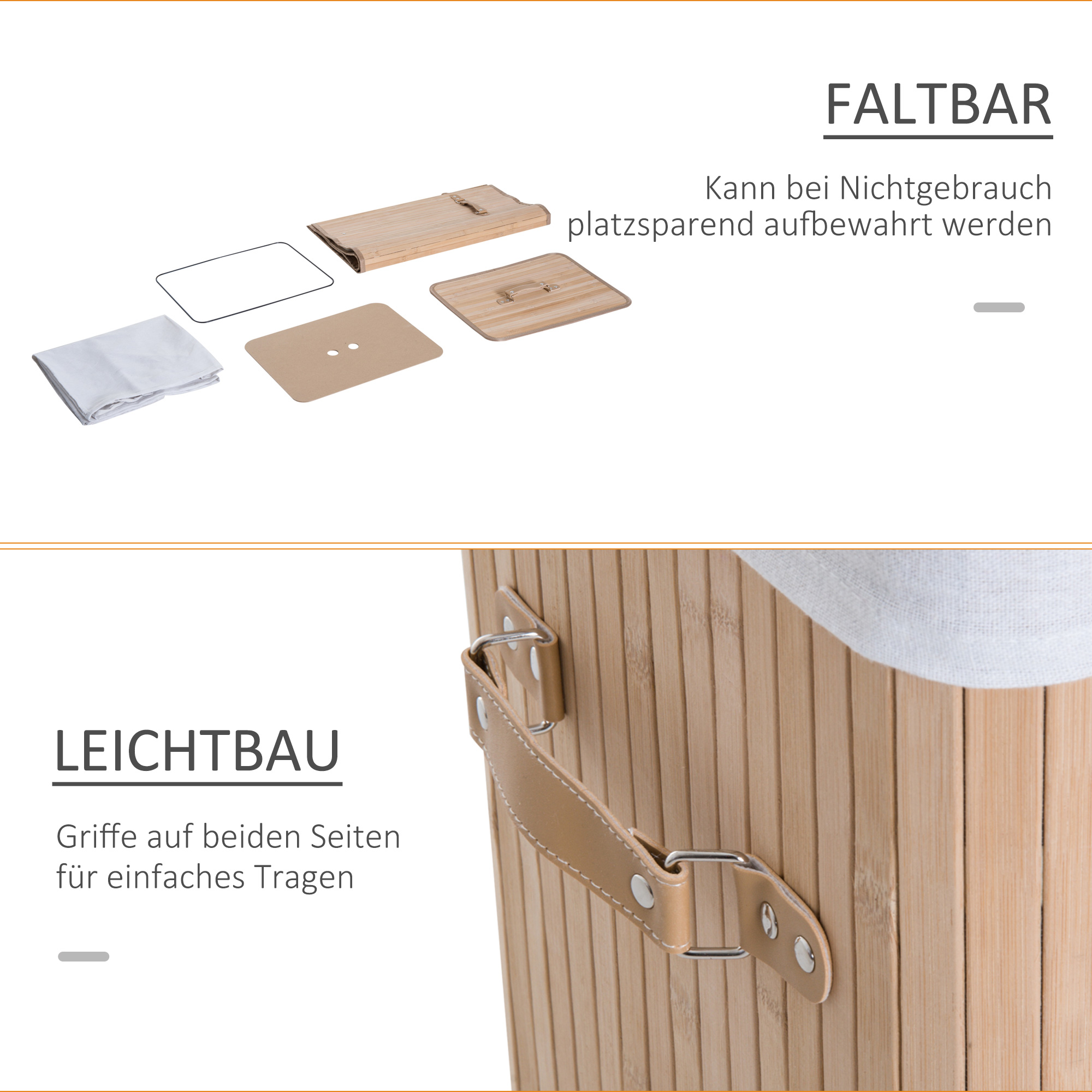 Wäschekorb schmal mit Deckel 72L Wäschesammler mit Griff, herausnehmbarer Wäschesack, Wäschebox für Waschküche Schlafzimmer Badezimmer Natur
