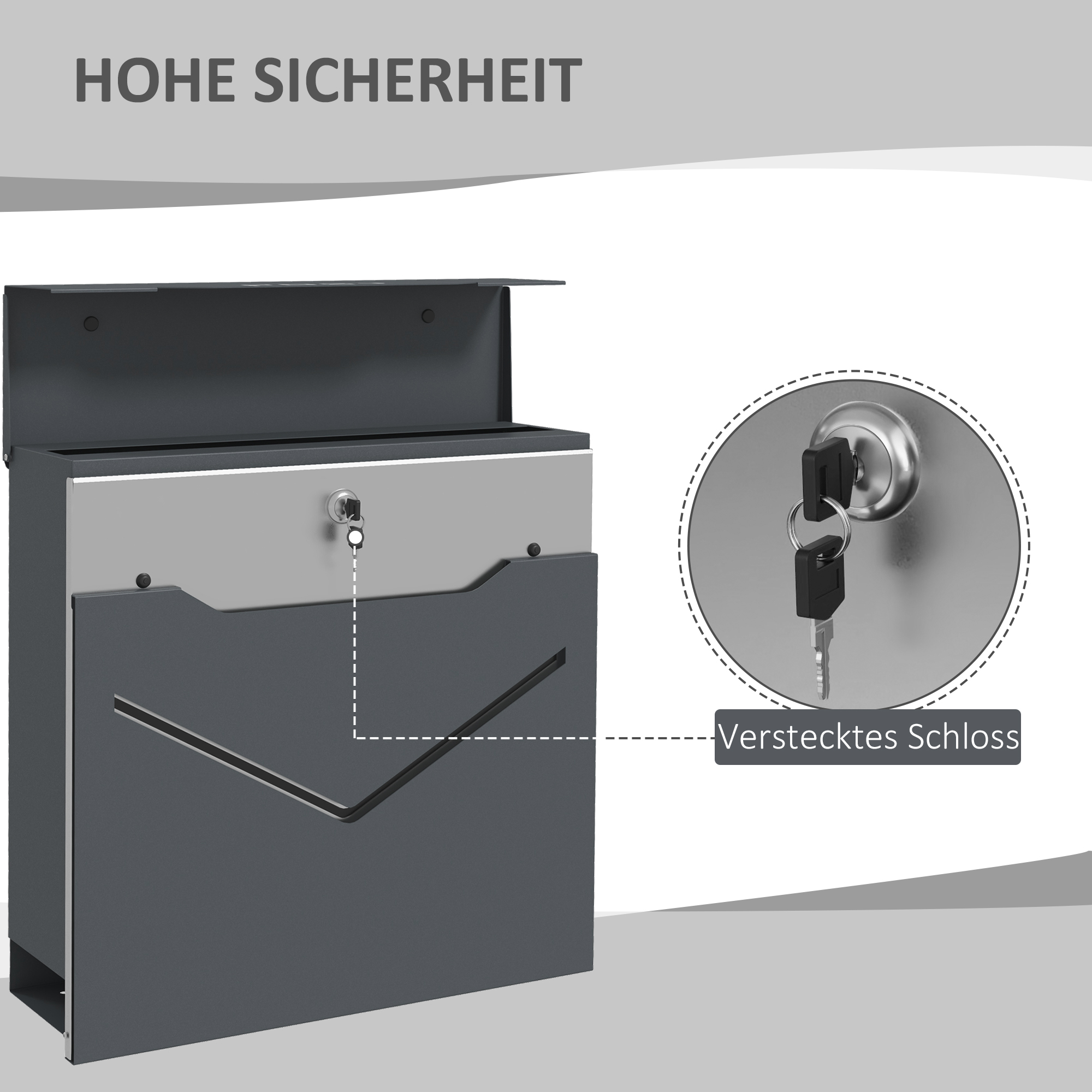 Briefkasten Postkasten, modernes Design, wetterbeständig, 37 cm x 10,5 cm x 37 cm, Grau