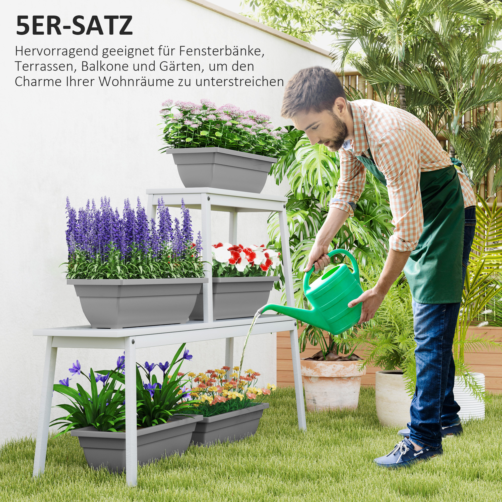 5er-Set Blumentöpfe, Pflanzengefäße aus Kunststoff für Terrasse, Garten, Balkon, 59 x 21 x 16 cm, Grau