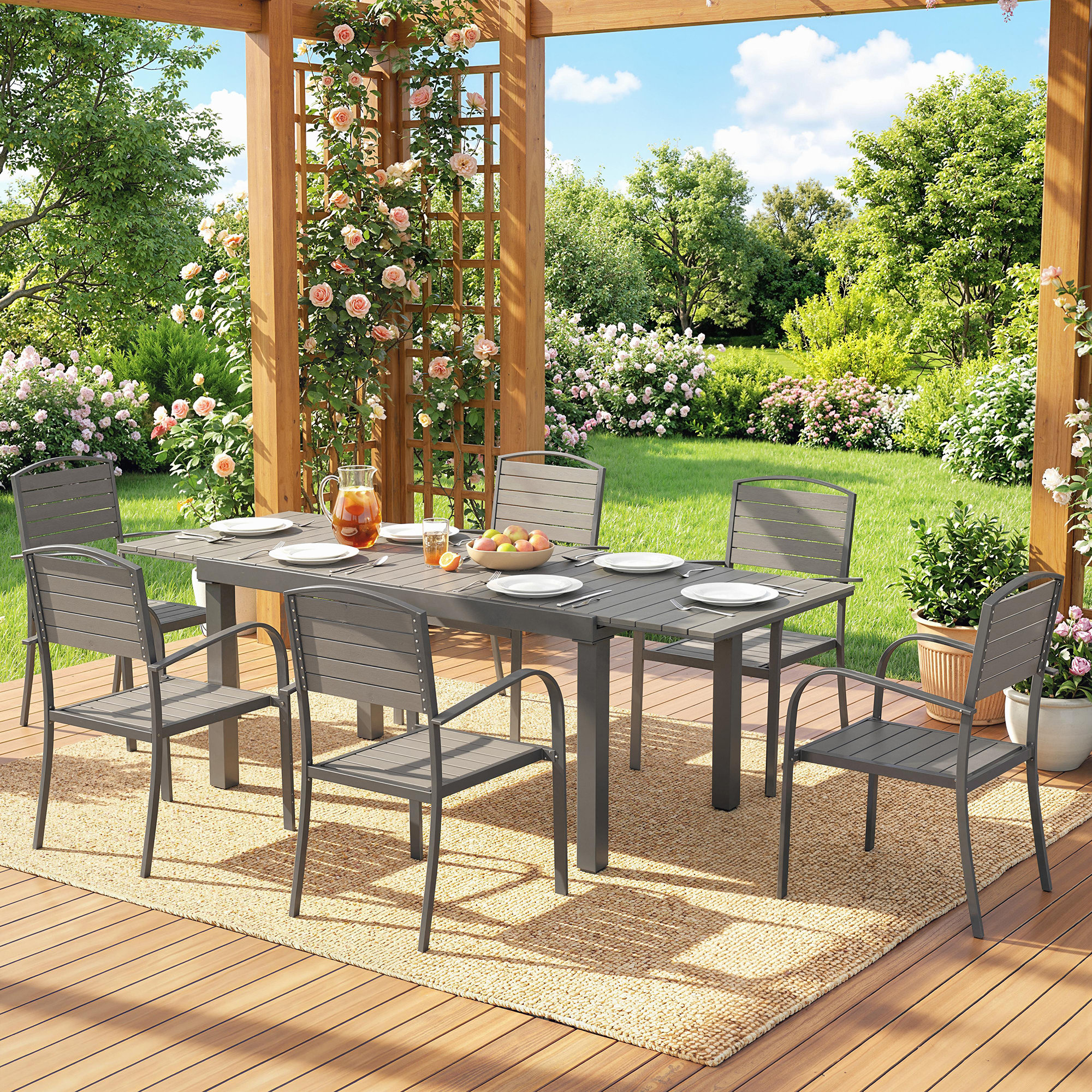 Gartenmöbel Set Sitzgruppe 7-teilig Ausziehbar Tisch mit 6 Stühlen Holzoptik Lamelldesign Aluminiumrahmen