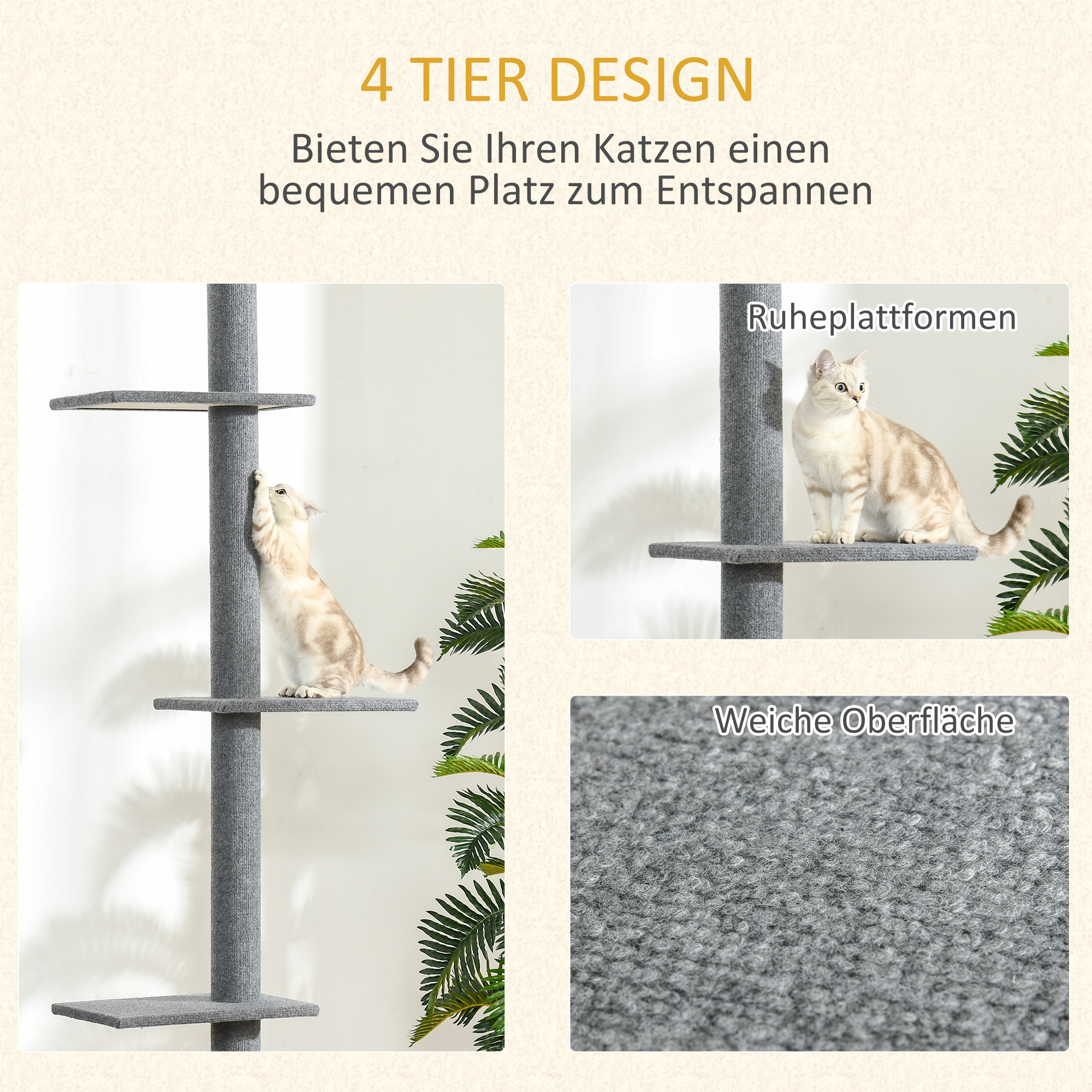 Kratzbaum deckenhoch Höhe 228-260 cm Katzenbaum mit Plattformen mehrstöckiger Katzenkratzbaum Kletterbaum für kleine & große Katzen, Grau