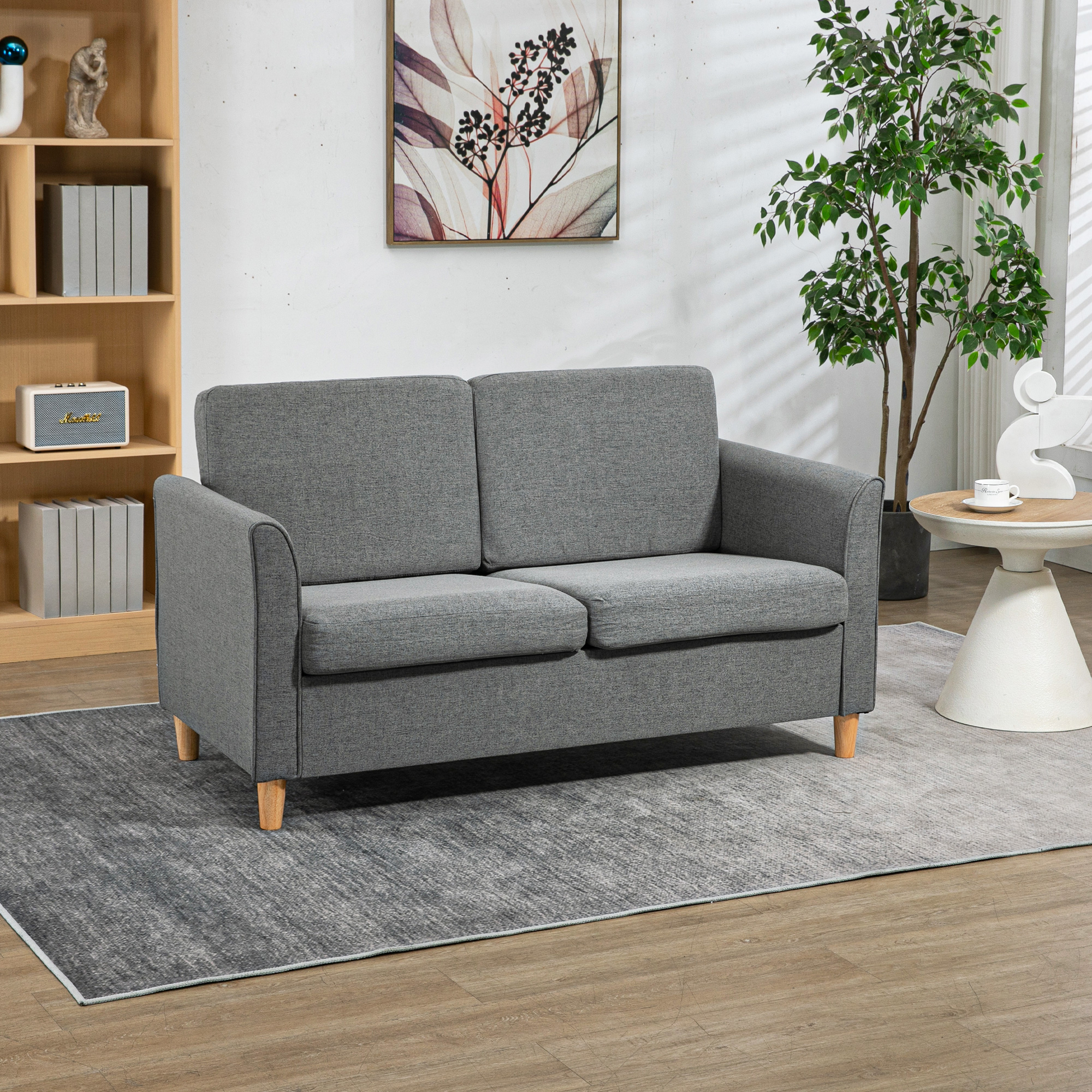 2 Sitzer Sofa, Couch mit Holzbeine, Leinenoptik, Gepolsterter Polstersofa, Doppelsofa im Modern-Stil für Wohnzimmer, Schlafzimmer, Grau