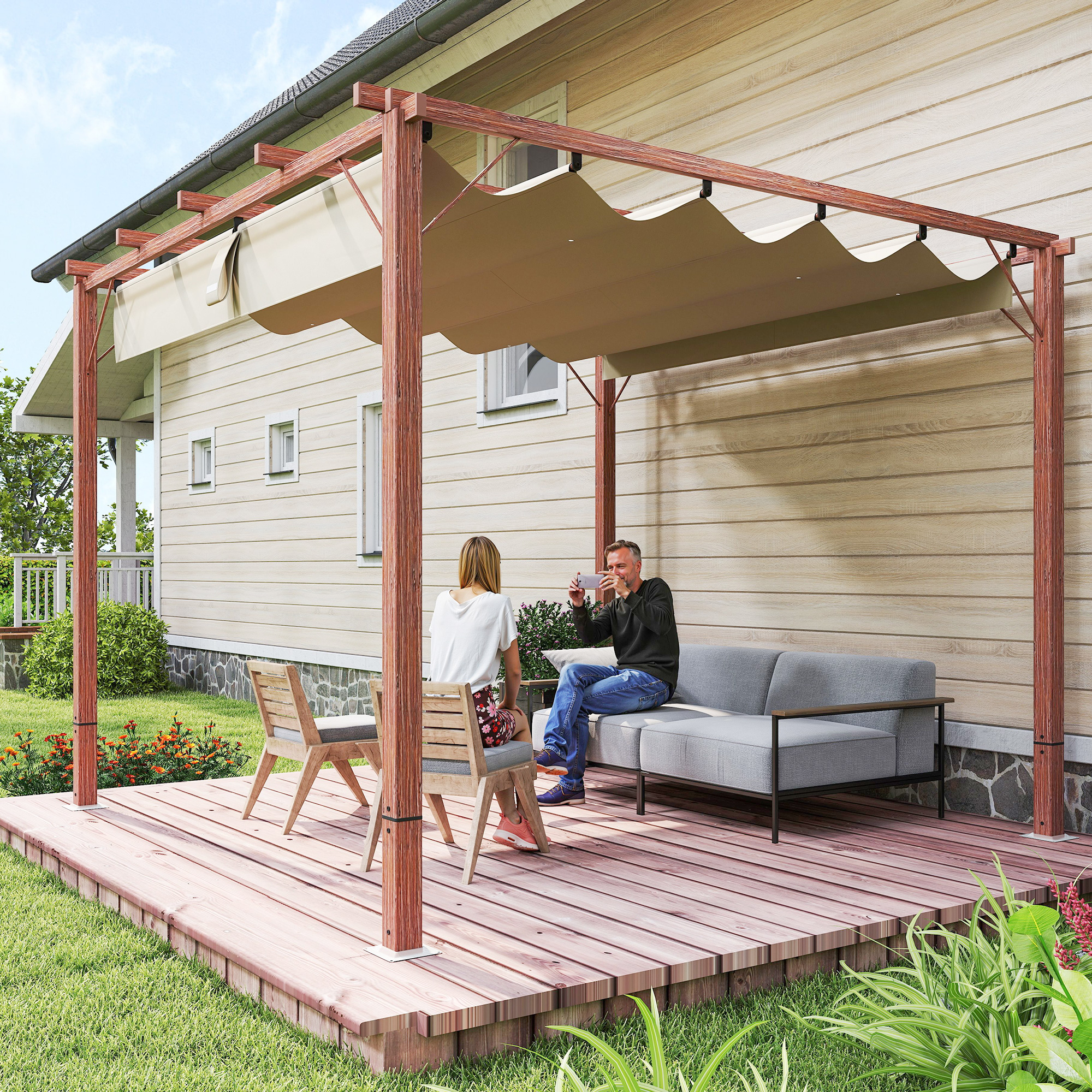 3 x 3 m Garten-Pergola, Verstellbares Terrassendach, Aluminium-Rahmen, UPF30+ Sonnenschutz, Naturholz