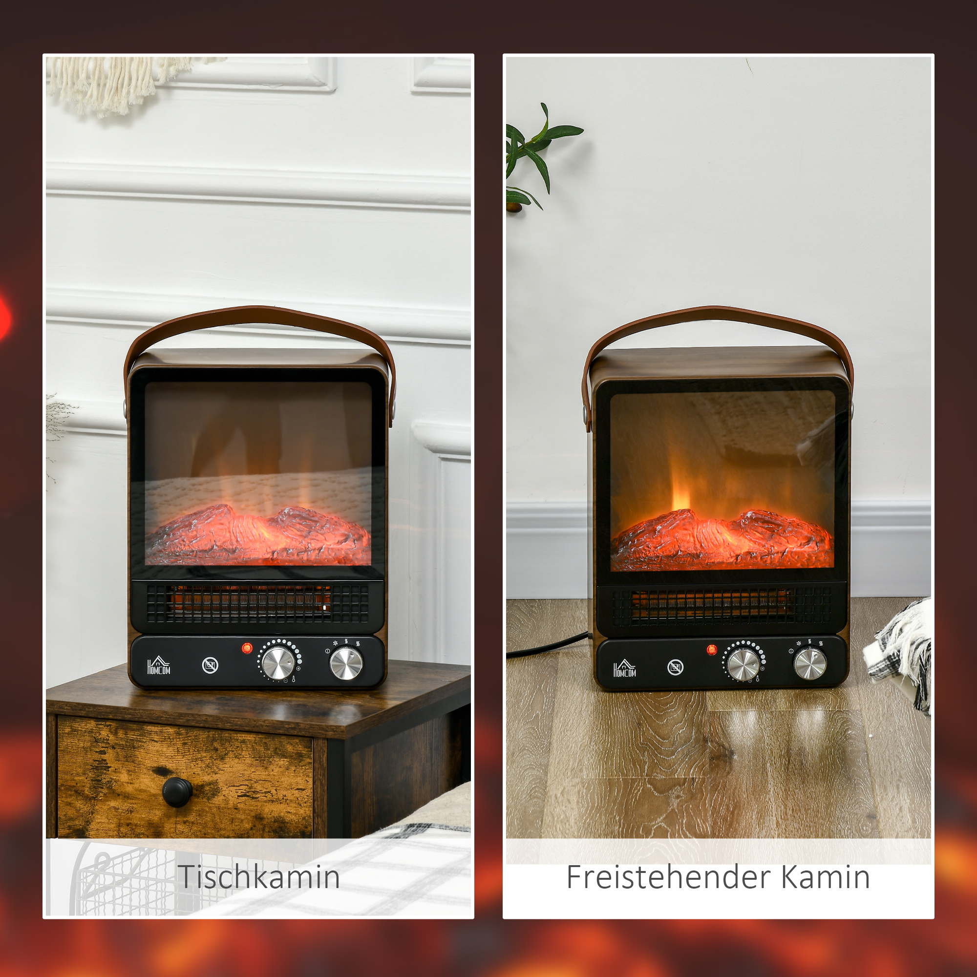 Elektrokamin, realistisches Feuer, 2 Heizmodi bis 50° C, Überhitzungsschutz, Walnussoptik, 30,3 x 17,5 x 37,4cm