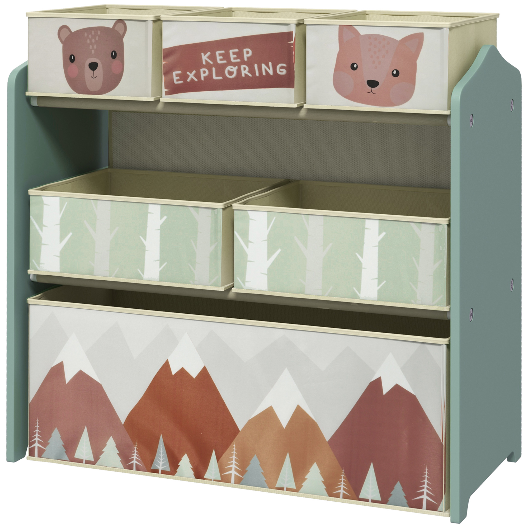 Kinderschrank mit 6 Stoffboxen, niedliches Motiv, 63x30x66 cm, Grün Kinderschrank mit 6 Stoffboxen, niedliches Motiv, 63x30x66 cm, Grün