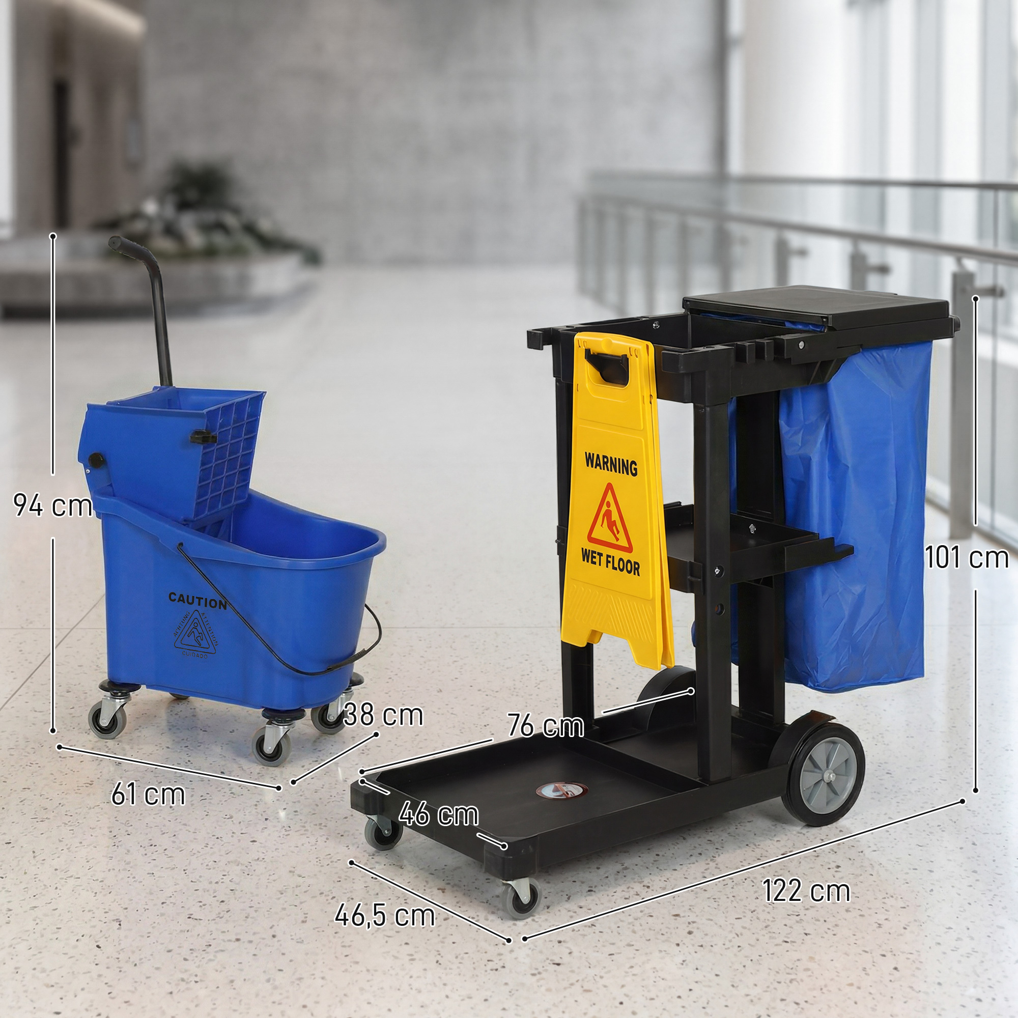 Reinigungskarre, Rollender Putzwagen mit 3 Ablagen, 70-Liter-Müllsack, Mop-Wringer-Eimer, Blau