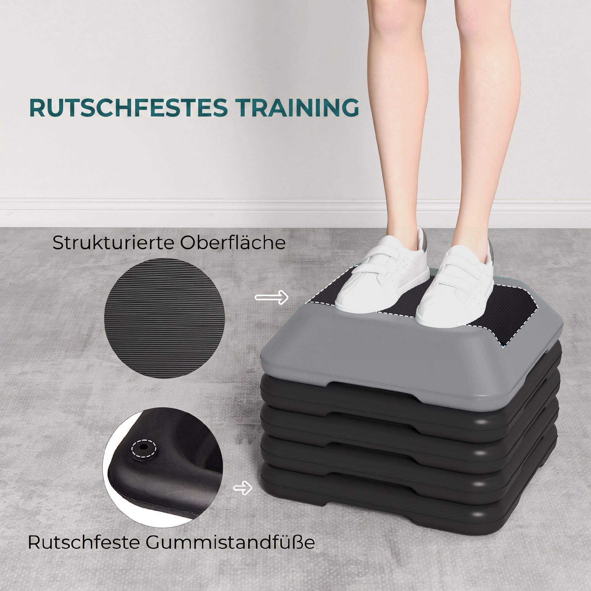 Steppbrett höhenverstellbar Fitness Aerobic Stepper mit 5 Stufen 10-30 cm, Anti-Rutsch-Matte, Rutschfest kompaktes Step Bench bis 150 kg für Zuhause Fitnessstudio Büro Grau