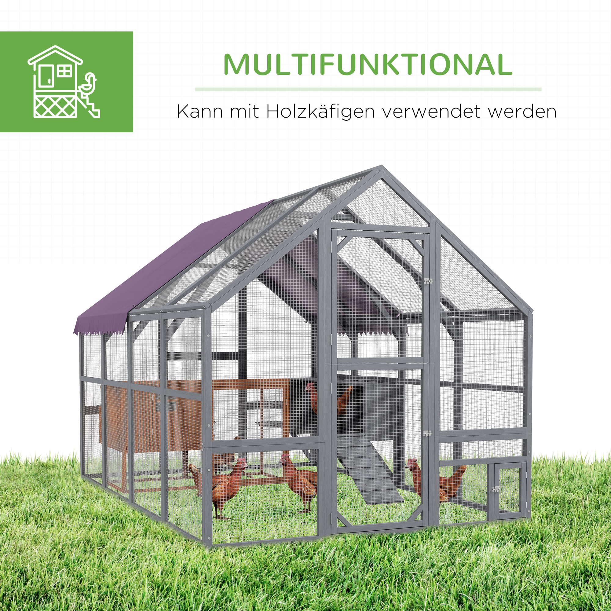 Hühnerstall Hühnerhaus Hühnerhütte, begehbar, wetterbeständig, 280 x 185,5 x 188 cm, Grau