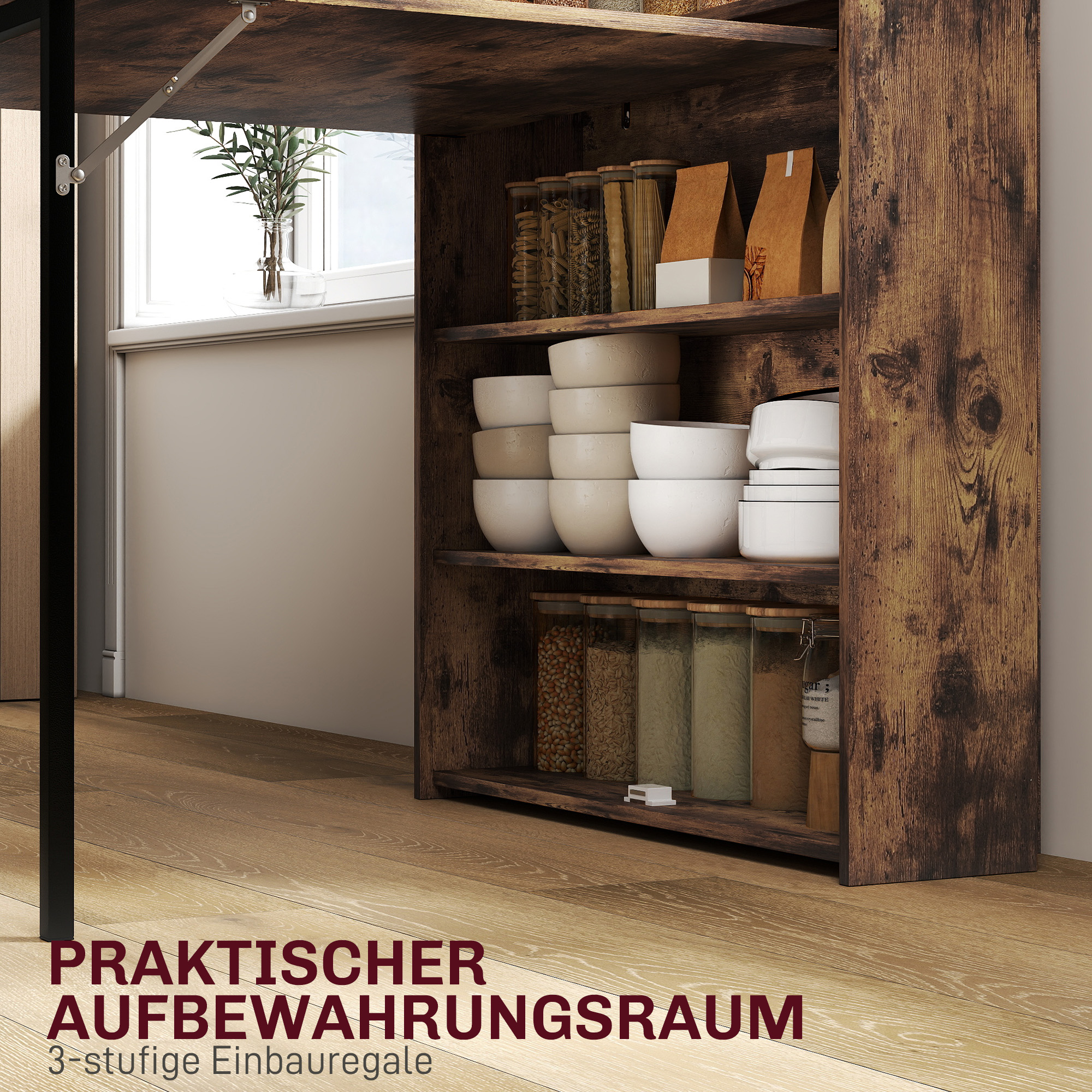 Esstisch, klappbar mit Regal, Industrie-Design, Platzsparend, Für Kleine Räume, 80x90x93cm, Rustikal-Braun