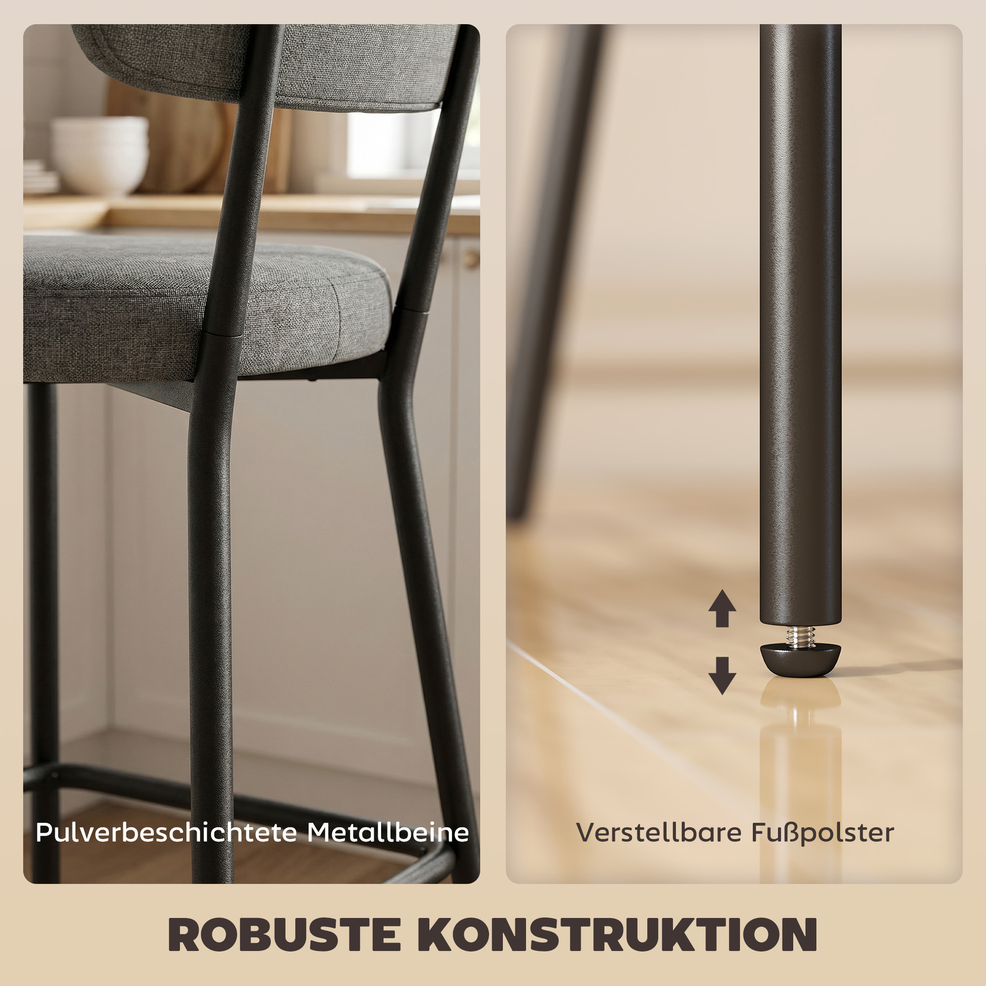 Barhocker im 2er-Set, Polster-Barstühle mit geschwungener Rückenlehne, für Kücheninsel, Frühstücksbereich, Grau