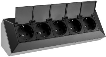 5-fach Steckdosenblock, schwarz, 250V~/ 16A, Aufbaumontage mit Klappen