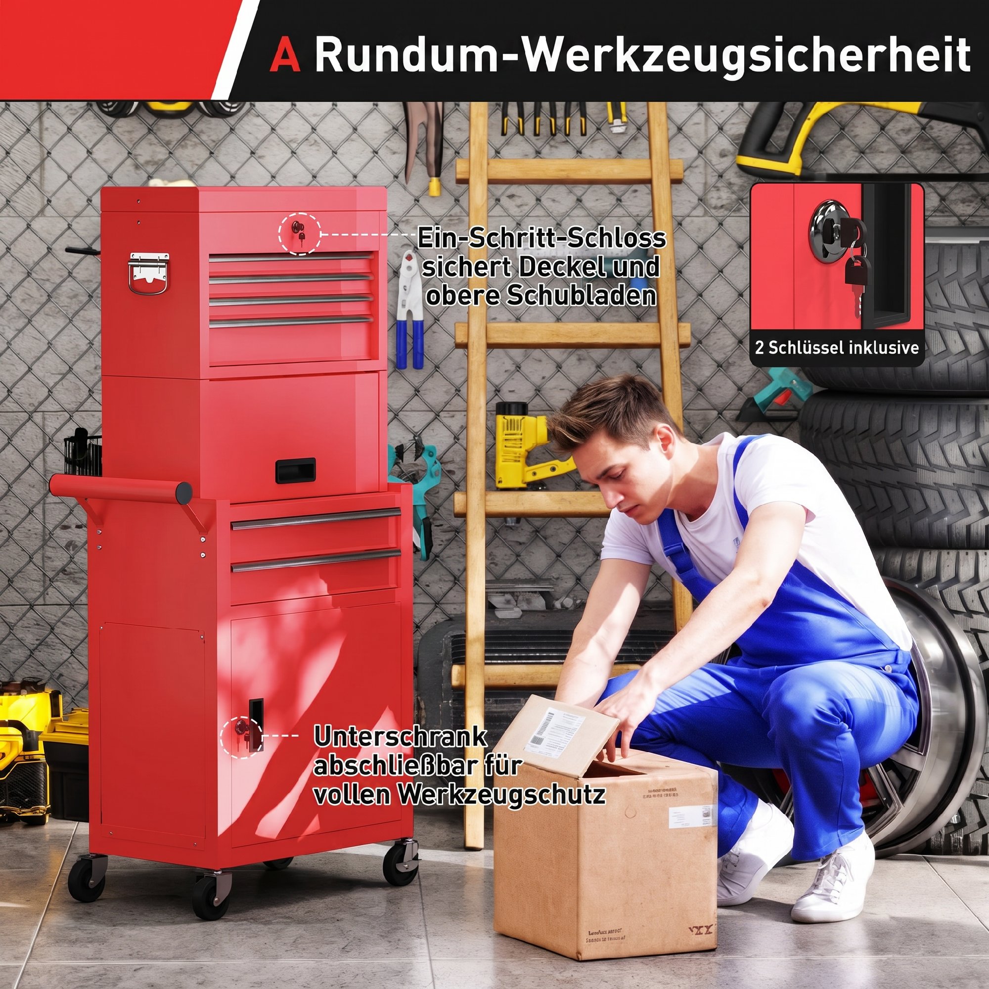rollbarer Werkzeugschrank, 6 Schubladen, 2 Schränke, Stahl, verschließbar, Rot