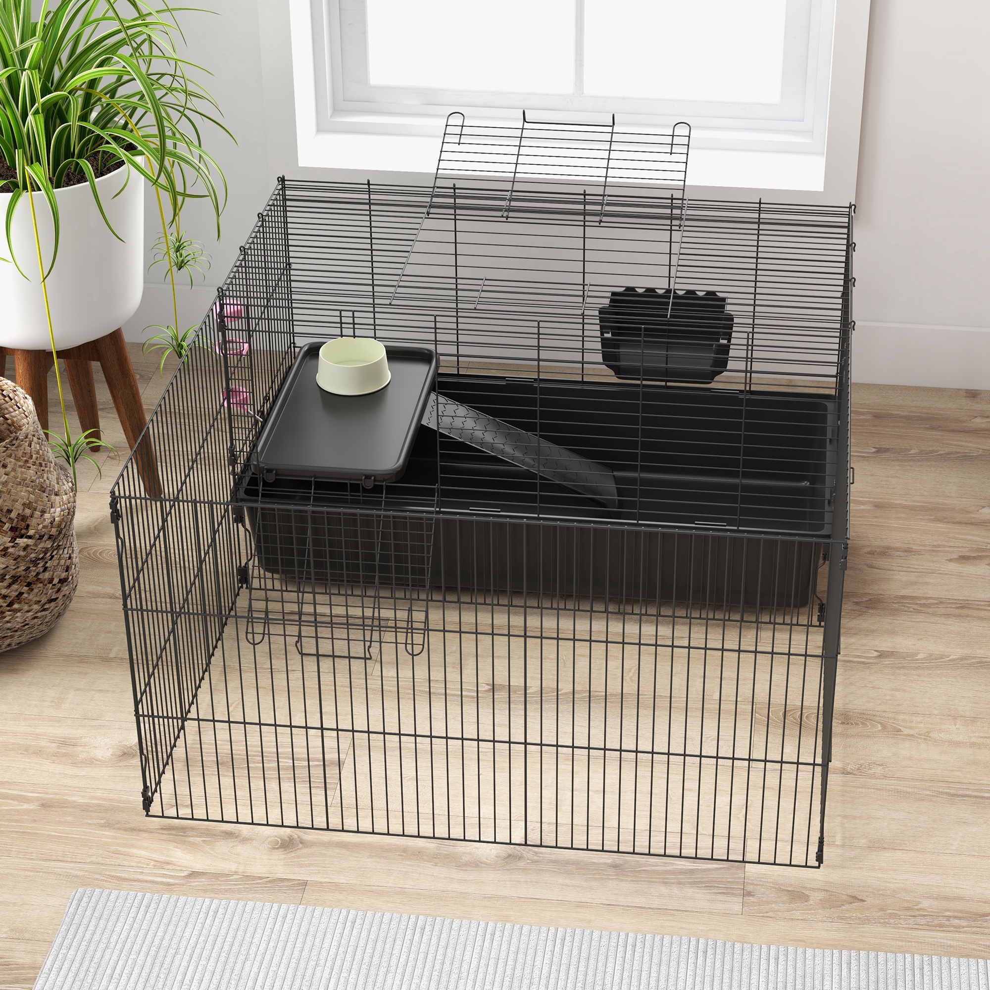 Kleintierkäfig mit abnehmbaren Gehege, Laufgitter mit Stall, inkl. Zubehör, Schwarz