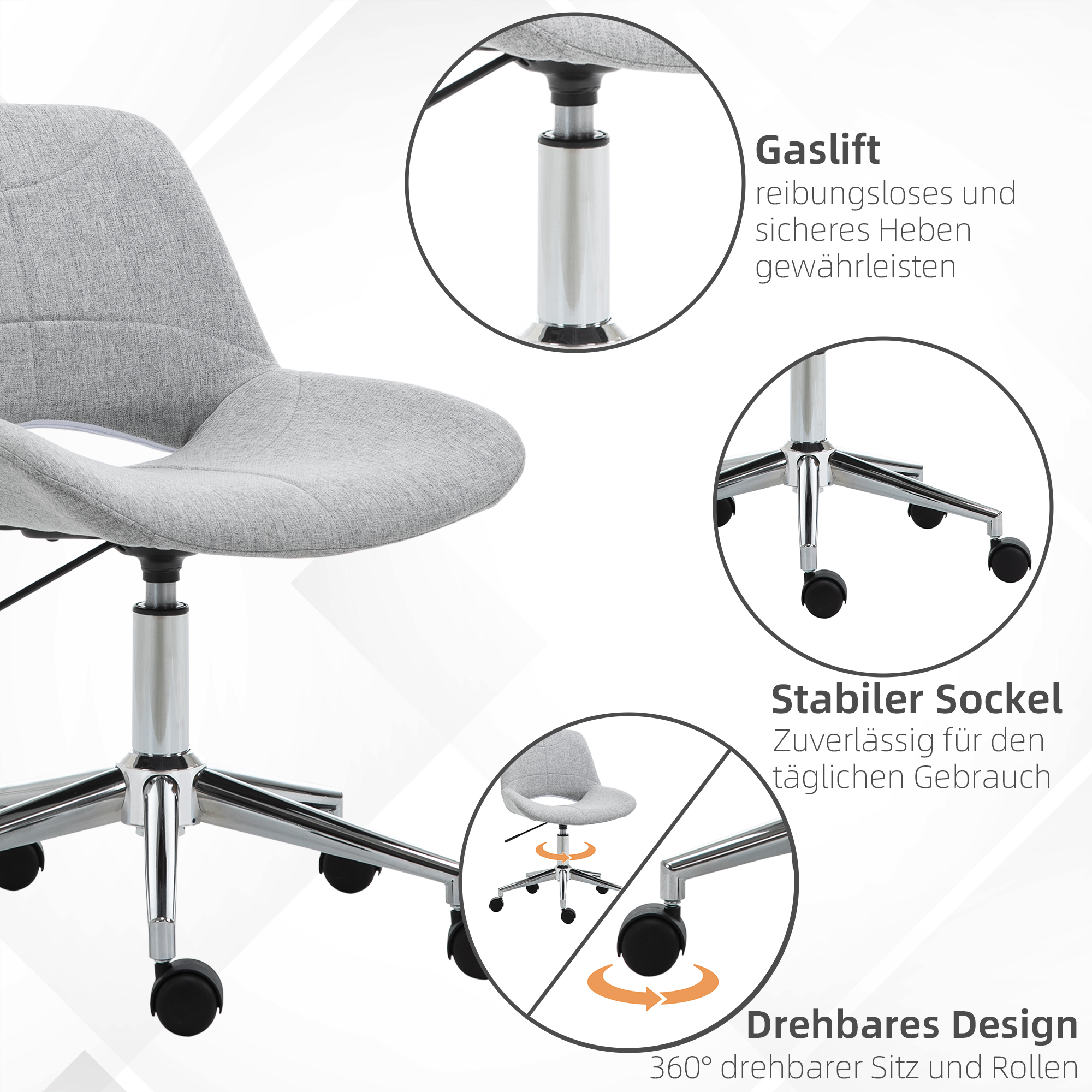 Bürostuhl, höhenverstellbar, um 360° drehbar, bis 110 kg, Metallrahmen, hellgrau, 49 x 56,5 x 73-82,5 cm