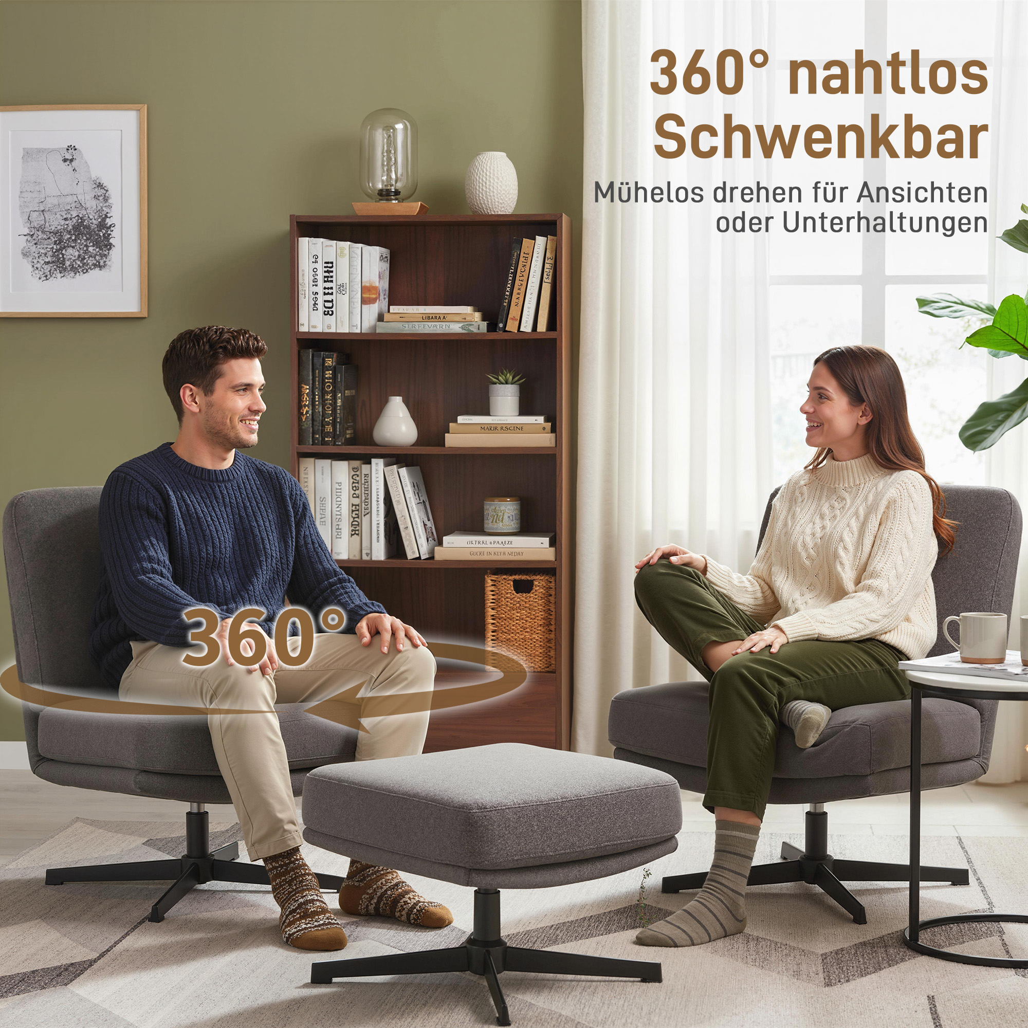 Sessel mit Hocker Drehbar Loungesessel mit Leinenoptik für Wohnzimmer Dunkelgrau