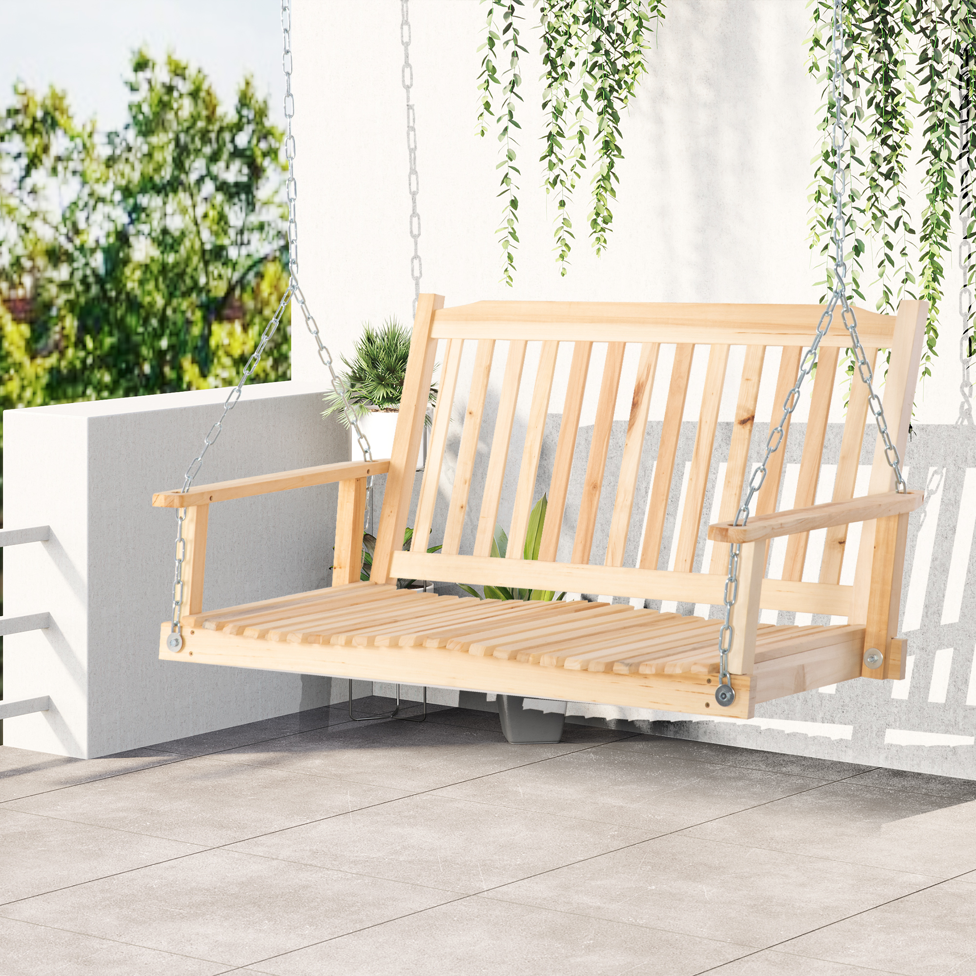 Gartenschaukel für 2 Personen Schaukelbank Hängebank Massivholz Patio Terrasse Hinterhof Natur 117 x 69 x 60 cm