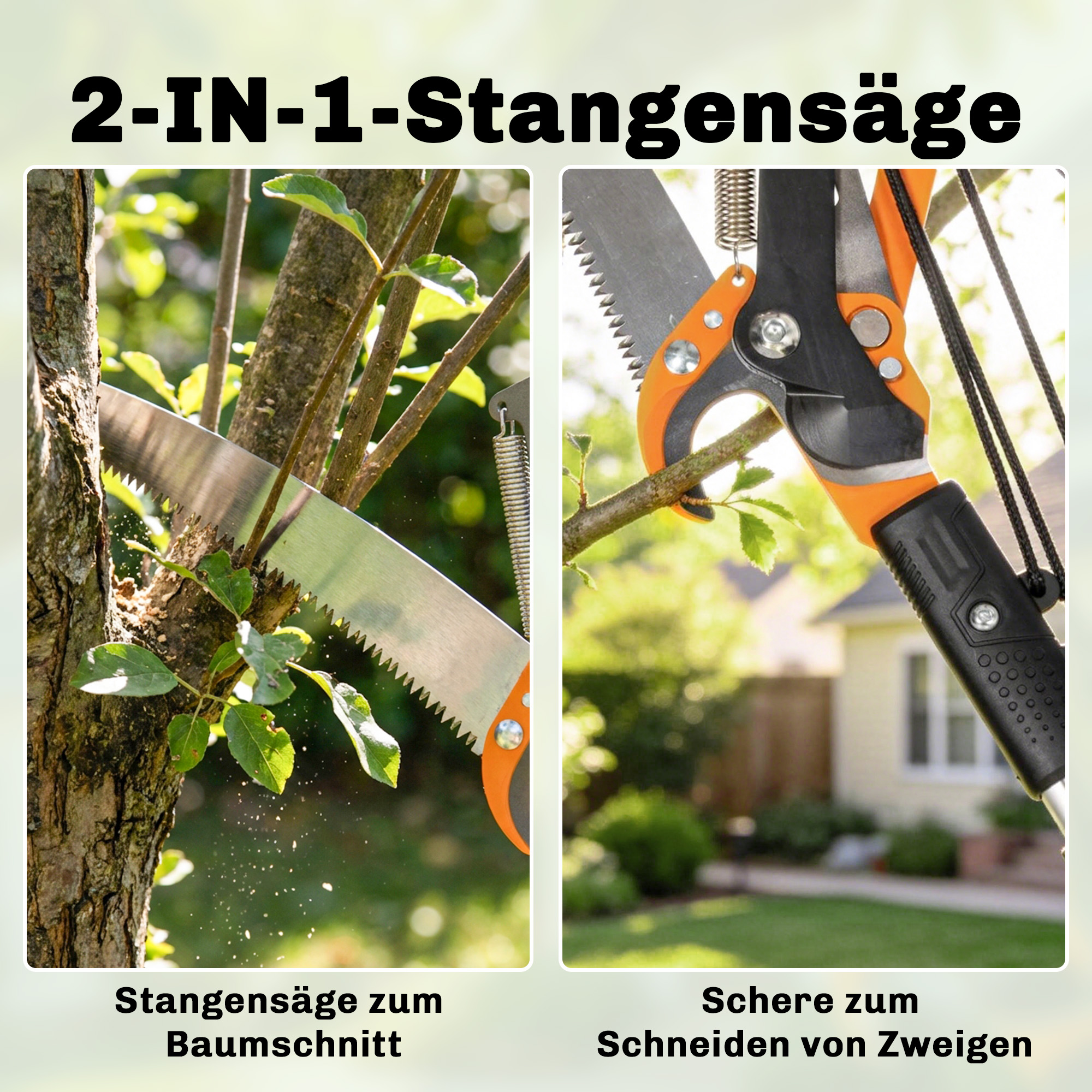 2-in-1 Astsäge mit integrierter Astschere Baumsäge mit Teleskopstiel 135/172/199 cm für hohe Äste Orange