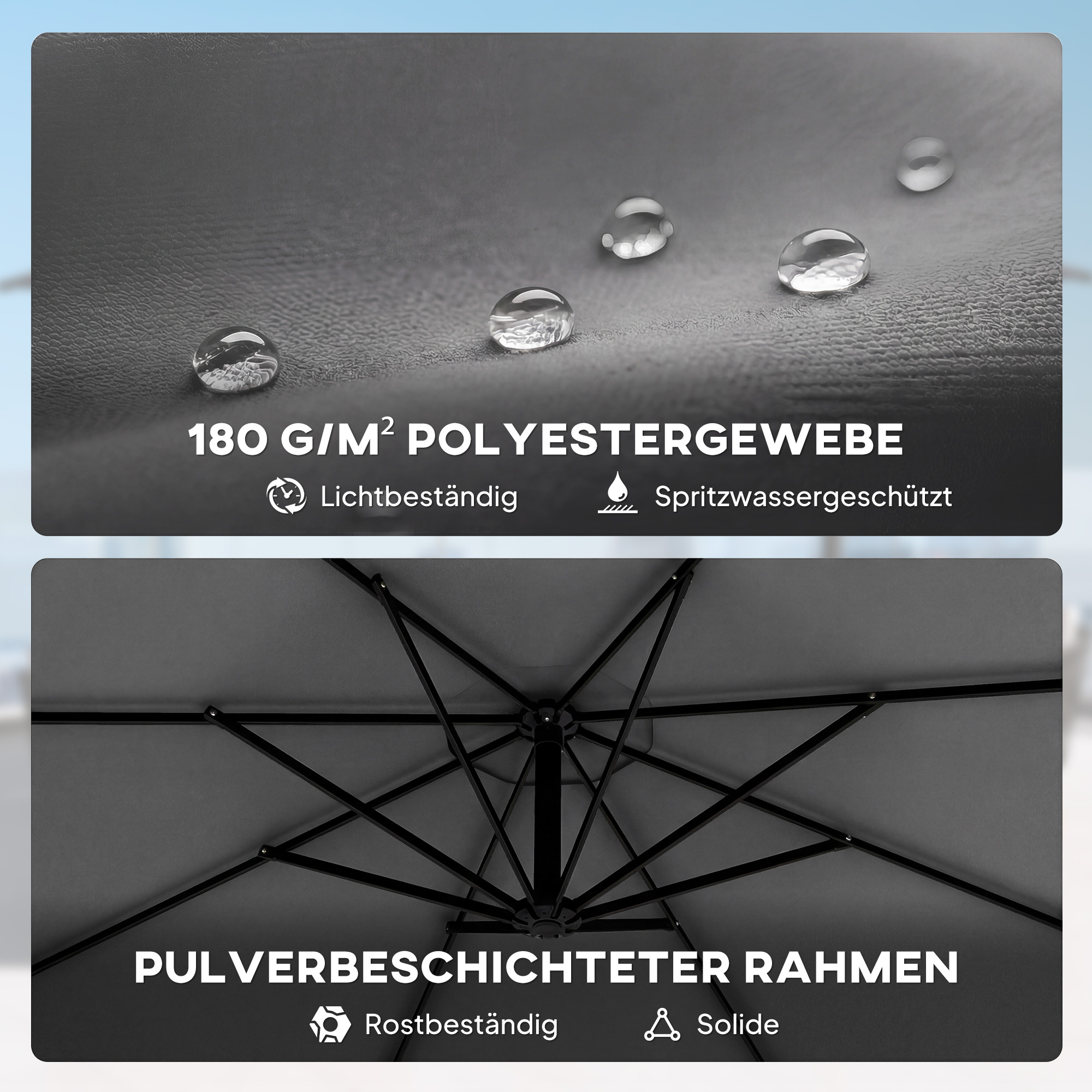 Ampelschirm ca. Ø300 cm Neigbar Sonnenschirm mit Kurbel Kreuzfuß Windseilen Schutzhülle Dunkelgrau