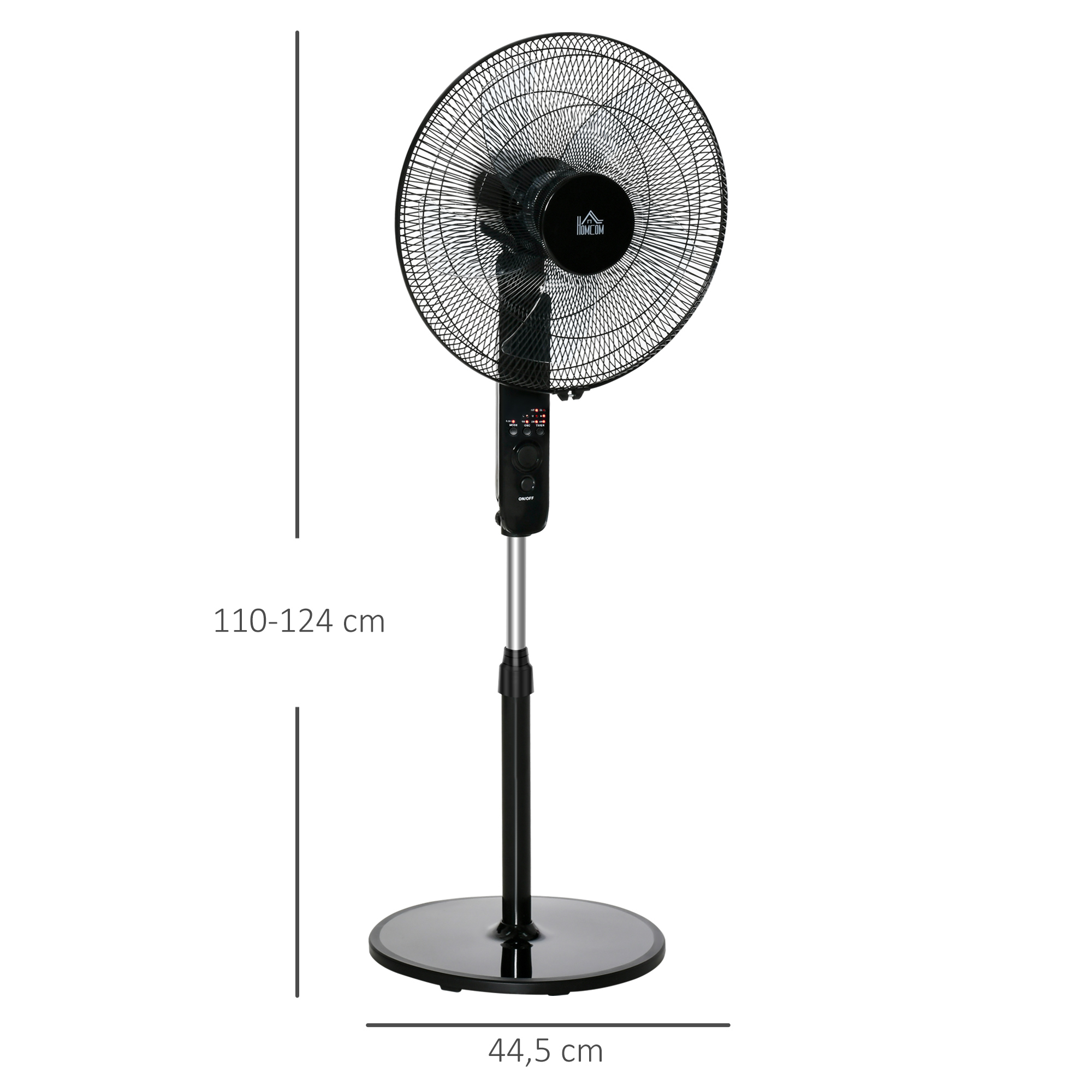 Standventilator mit Fernbedienung, Ventilator, Höhenverstellbarer Lüfter, 3 Geschwindigkeitsstufen, Verstellbarer Neigungswinkel, Metall, Schwarz, Ø44,5 x H110-124 cm