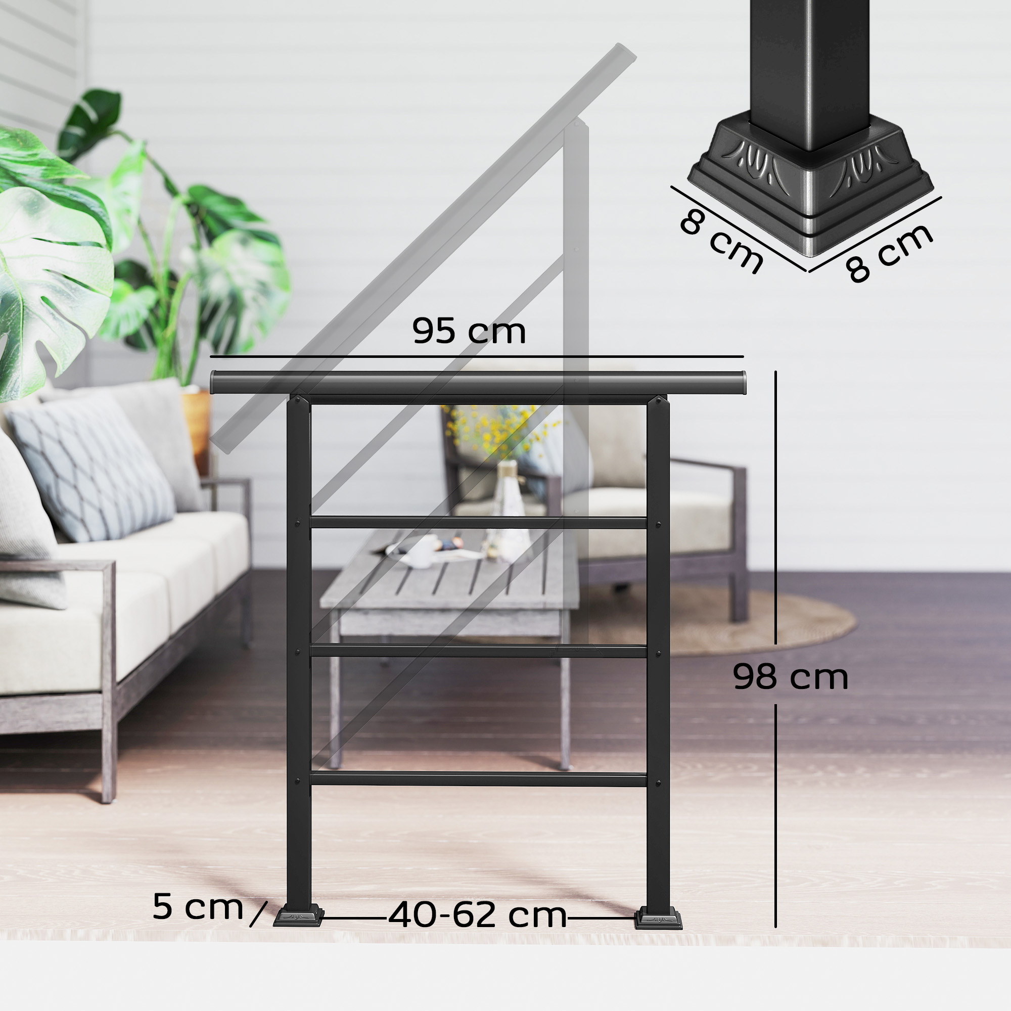 Treppengeländer für 1-3 Stufen, 94cm Winkelverstellbar Handlauf Außen und Innen Metall Schwarz
