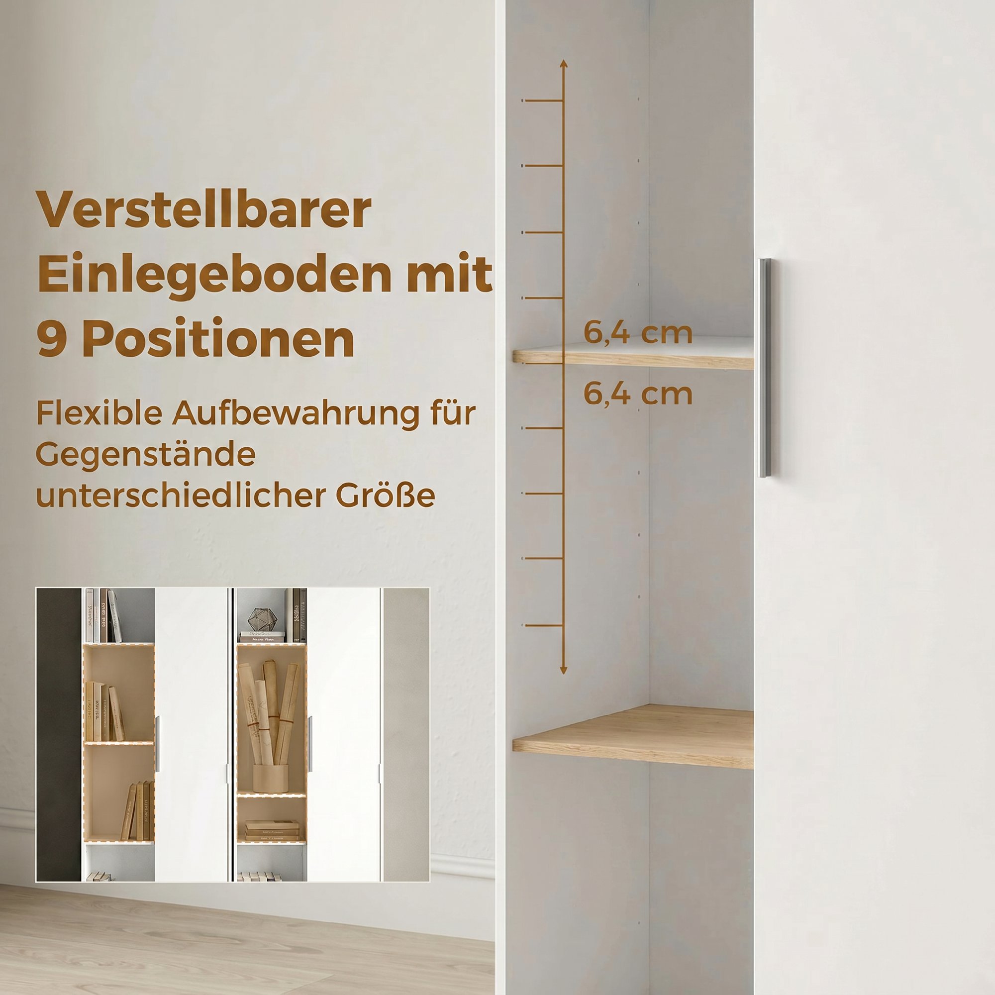 4-stöckiges Bücherregal mit verstellbaren Regalböden, Regal mit Schrank und Türen für Wohnzimmer, Arbeitszimmer, Weiß