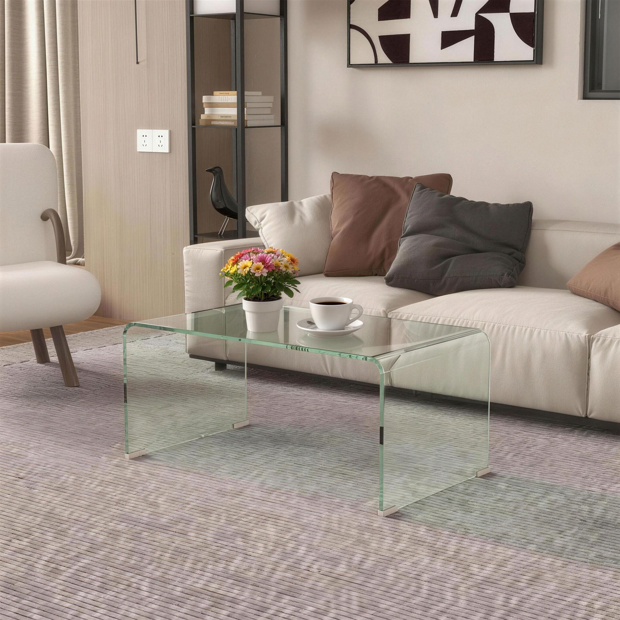 Stabiler Couchtisch aus Glas, einteiliges Design, schlicht und modern, 80 x 45 x 35 cm, Transparent