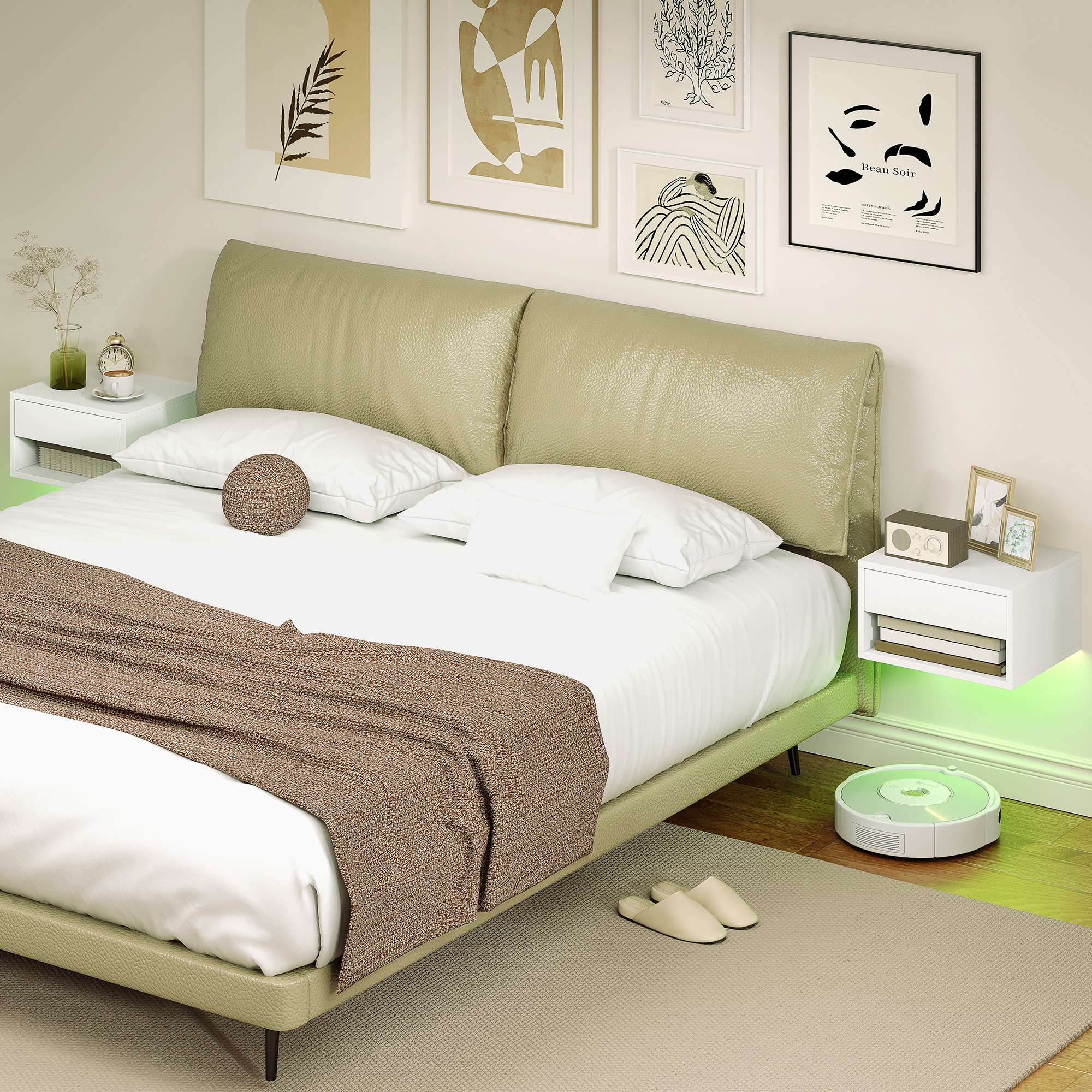 Nachttisch 2er-Set mit RGB-LED-Beleuchtung, schwebender Nachttisch mit Schublade und offenem Fach, Weiß