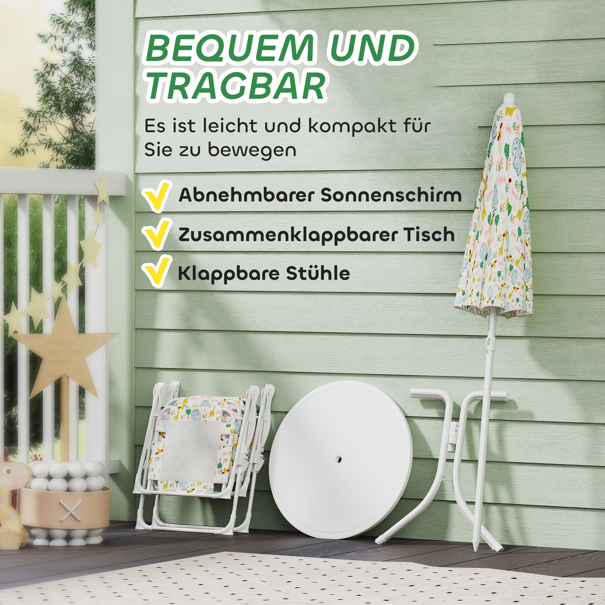 Kinder-Sitzecke, Klappstuhl-Sitz-Set mit Sonnenschirm, Buntes Muster, Weiß