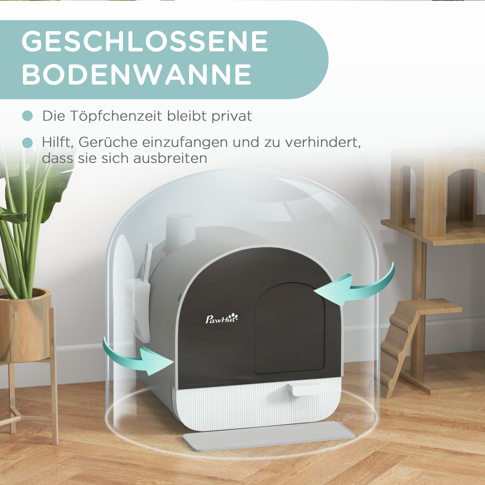 Katzentoilette mit Deckel, Streuschaufel, Schmutzfangmatte, Kunststoff, Grau/Schwarz