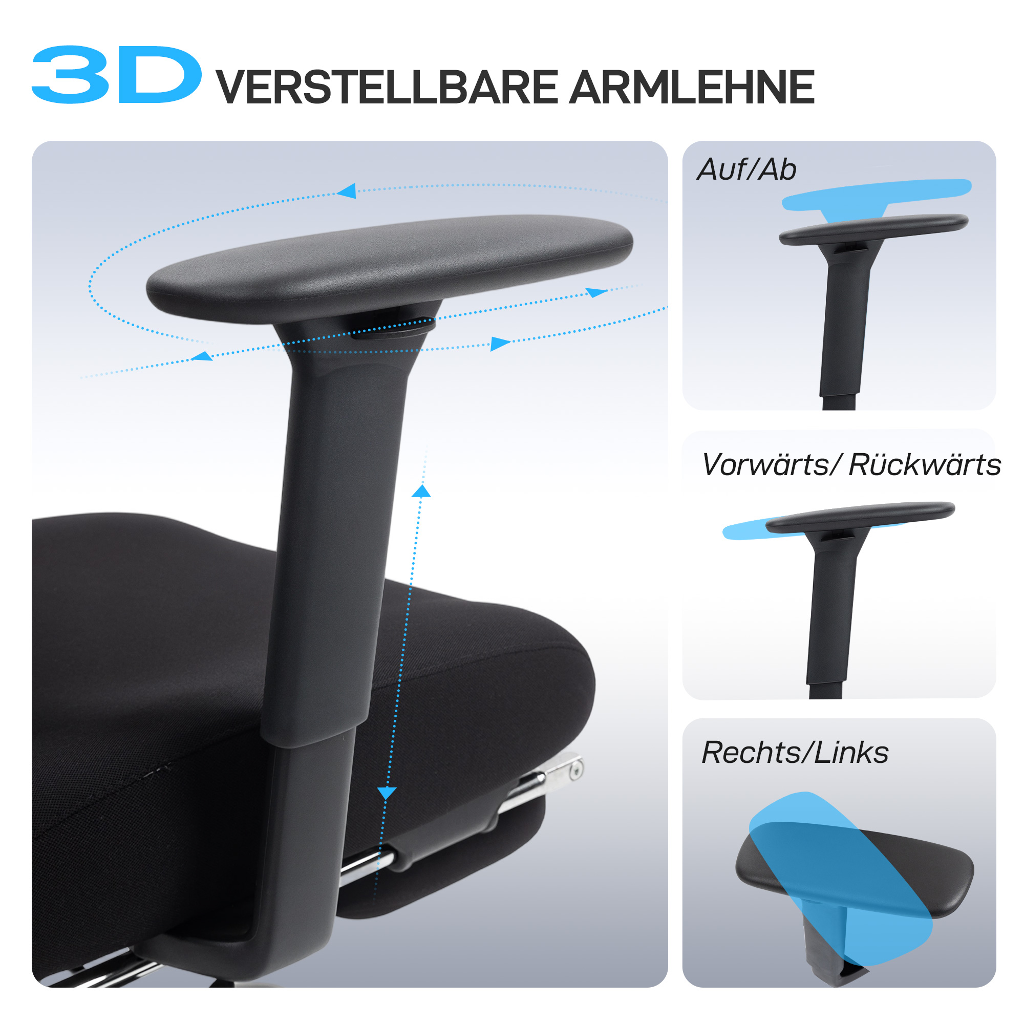 ergonomischer Bürostuhl mit Rollen, Netzstoff, Lendenstütze, Computerstuhl mit Armlehnen, verstellbare Kopfstütze