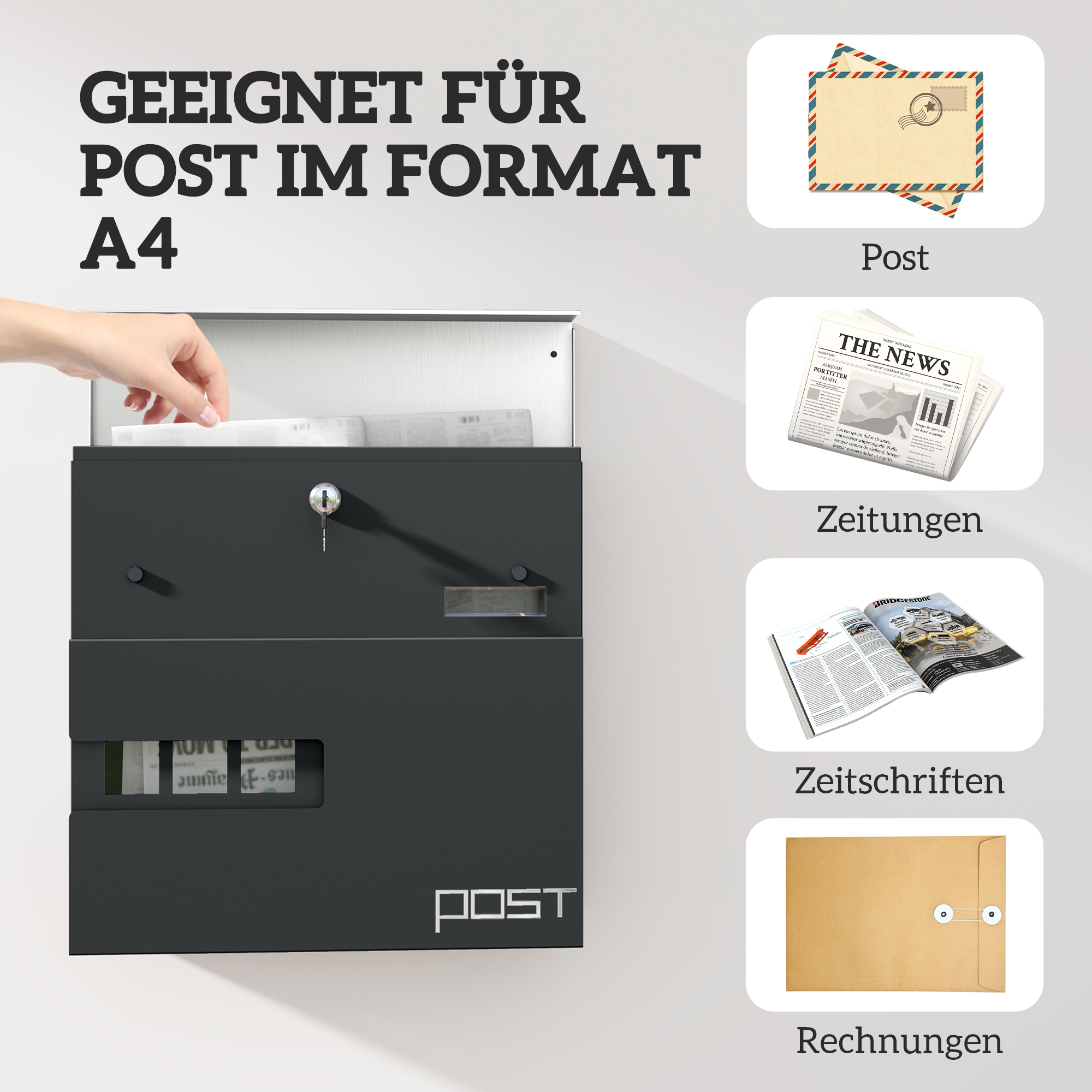Briefkasten, Wandmontage, Abschließbar, Sichtfenster, Stahl, Grau